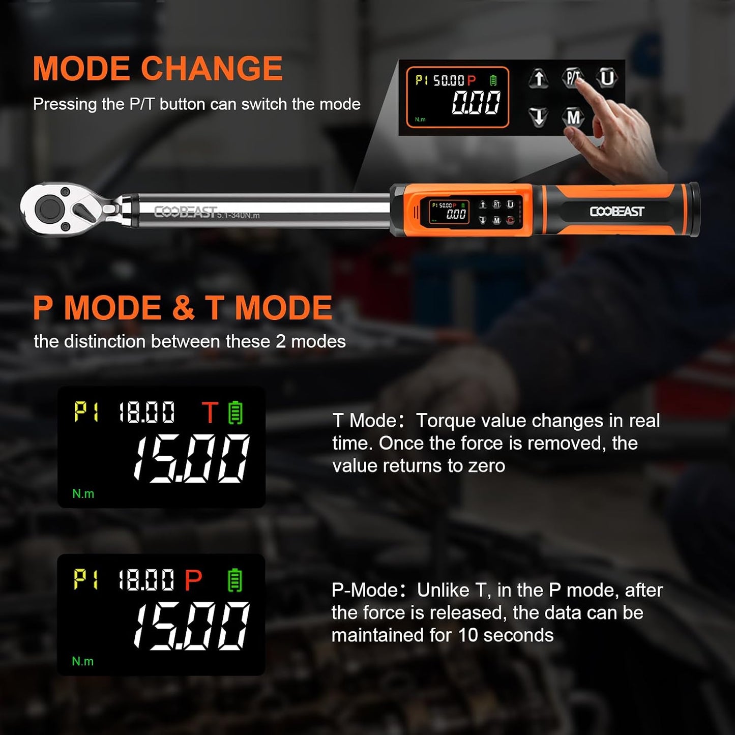 coobeast 1/2 Drive Digital Torque Wrench(3.76-250.8 Ft.lbs./5.1-340Nm) | Preset Value Torque Wrench with ±2% accuracy, Buzzer and LED Flash Five Units of Measure for Motorcycle, Auto Repair