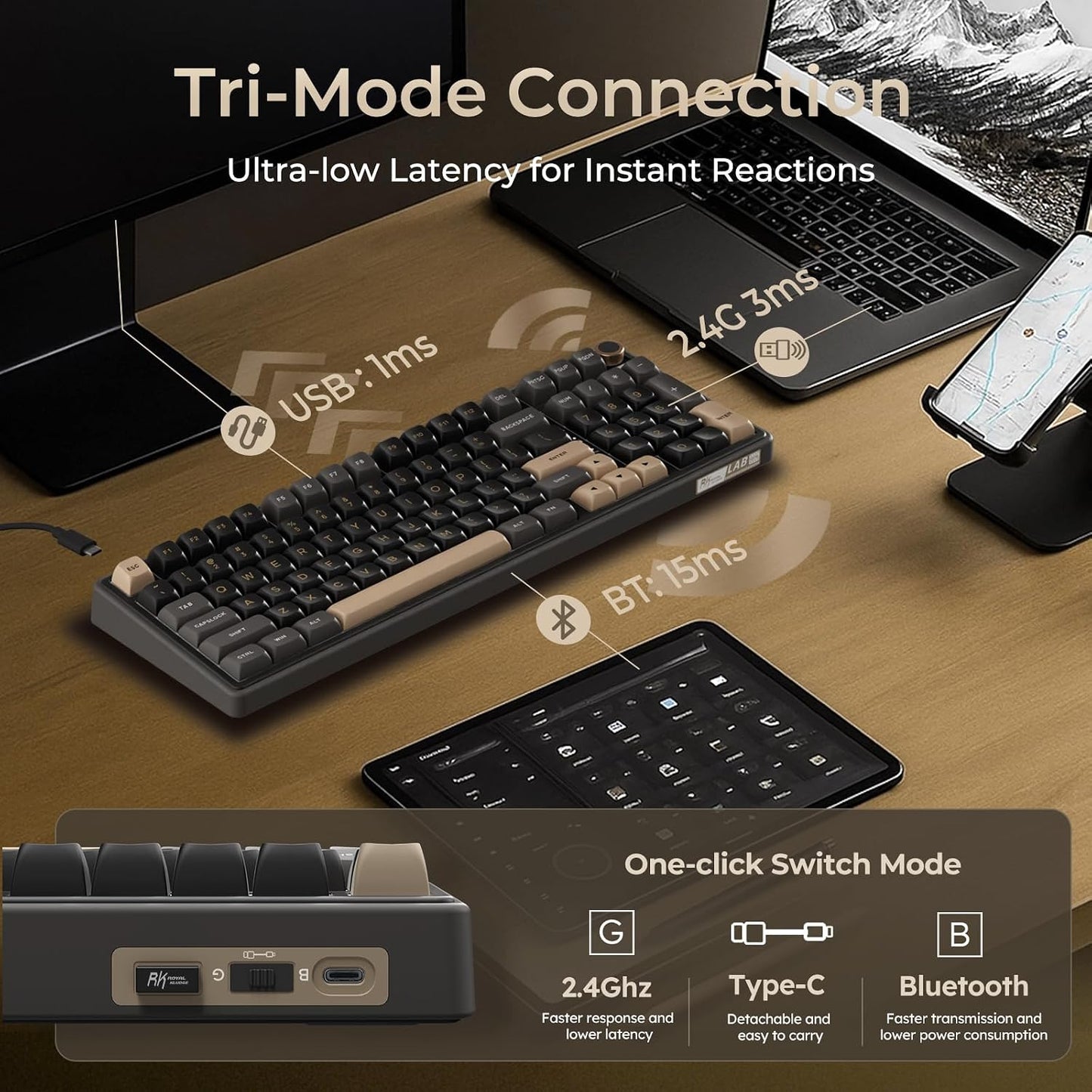 RK ROYAL KLUDGE R98 Pro Wireless Mechanical Keyboard, Creamy Bluetooth/2.4GHz/Wired RGB Gaming Keyboard with Number Pad and Knob, MDA Profile PBT Keycaps, Gasket Hot Swappable Linear Switch, Black