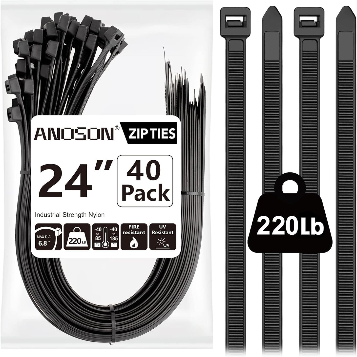 Large Zip Ties Heavy Duty Outdoor 24 inch (40 Pack), Heavy Duty Zip Ties 220 lbs, Black, by ANOSON