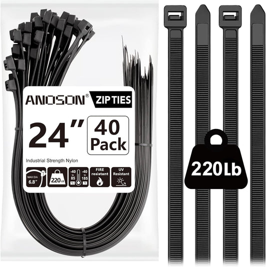 Large Zip Ties Heavy Duty Outdoor 24 inch (40 Pack), Heavy Duty Zip Ties 220 lbs, Black, by ANOSON