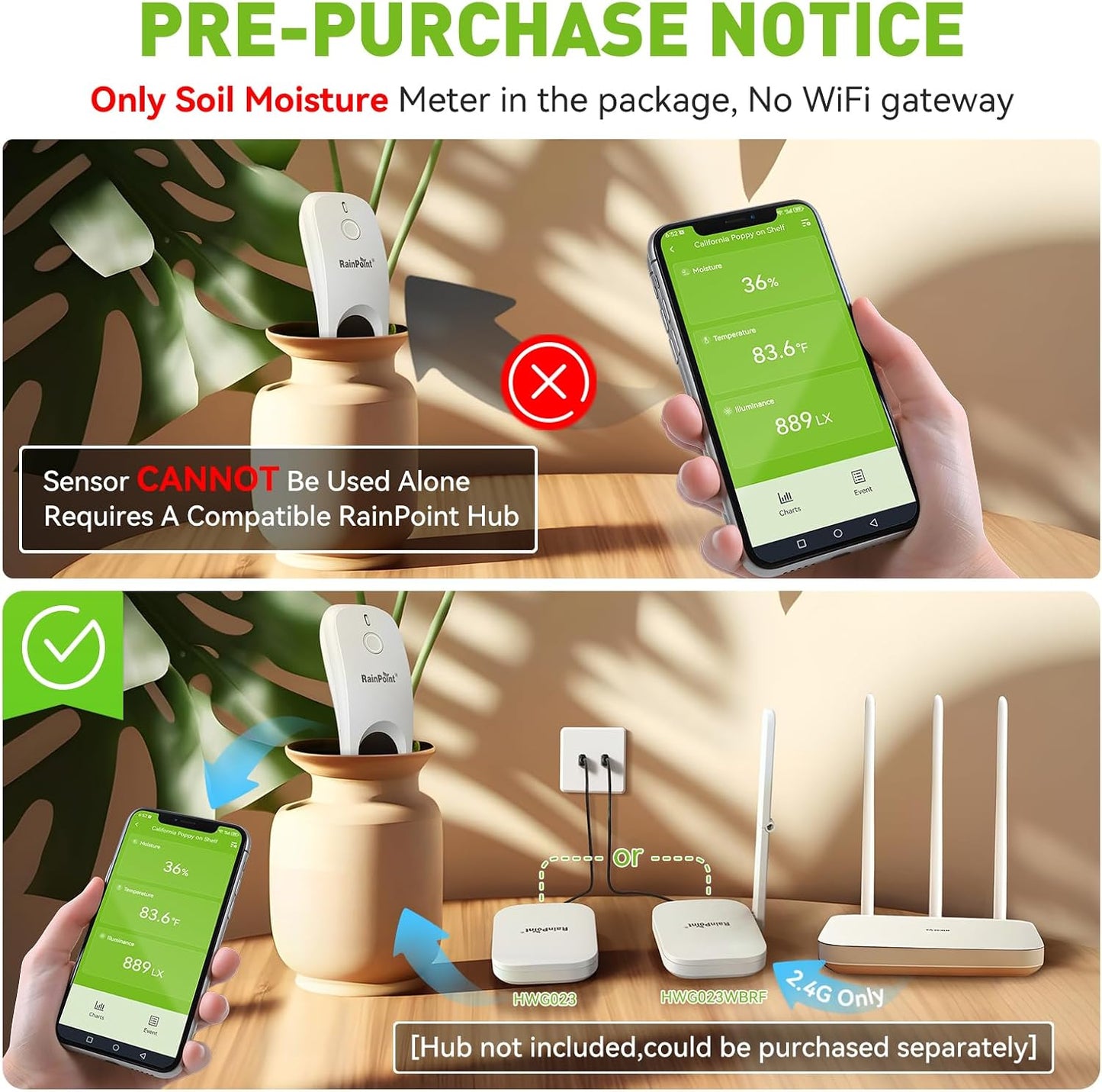 RainPoint 3-in-1 APP Remote Monitoring WiFi Soil Meter - CAN NOT USE Alone | Moisture/Air Temperature/Light Intensity Monitor and Custom Alert, IP66 Waterproof Wireless Sensor for Plant Indoor/Outdoor