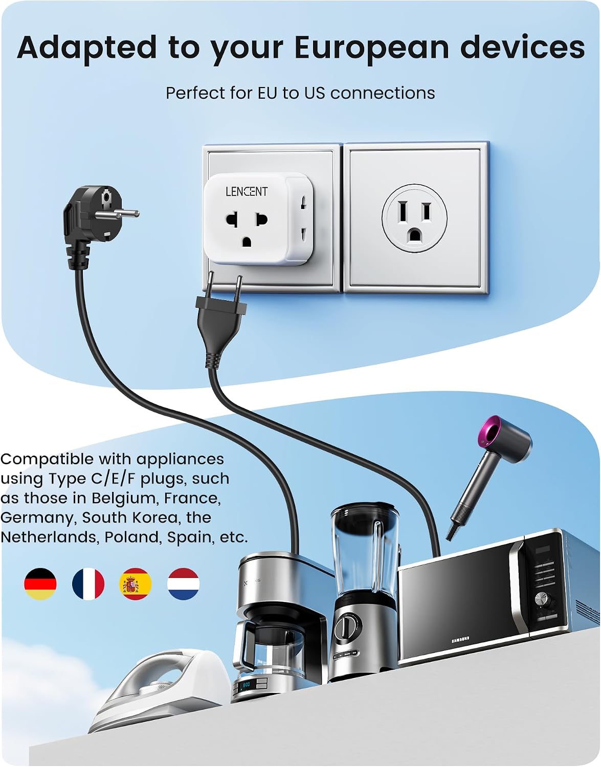 LENCENT EU to US Plug Adapter, European to USA Outlet Adaptor | Travel from Europe to American Outlet, 3-Sided Outlet Extender, Wall Tap, Mini Charger Box, Travel Plug Converter