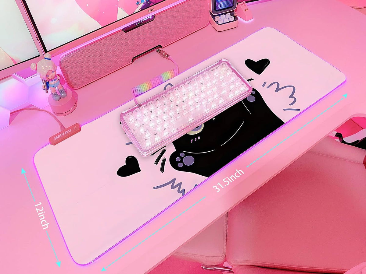 JMIYAV Pink RGB Gaming Mouse Pad 31.5x12 Inch PC XL Large Extended Glowing Led Light Up Desk Pad Non-Slip Rubber Base Computer Cute Mousepad Mat Desk Accessories Gaming Setup Love Shock
