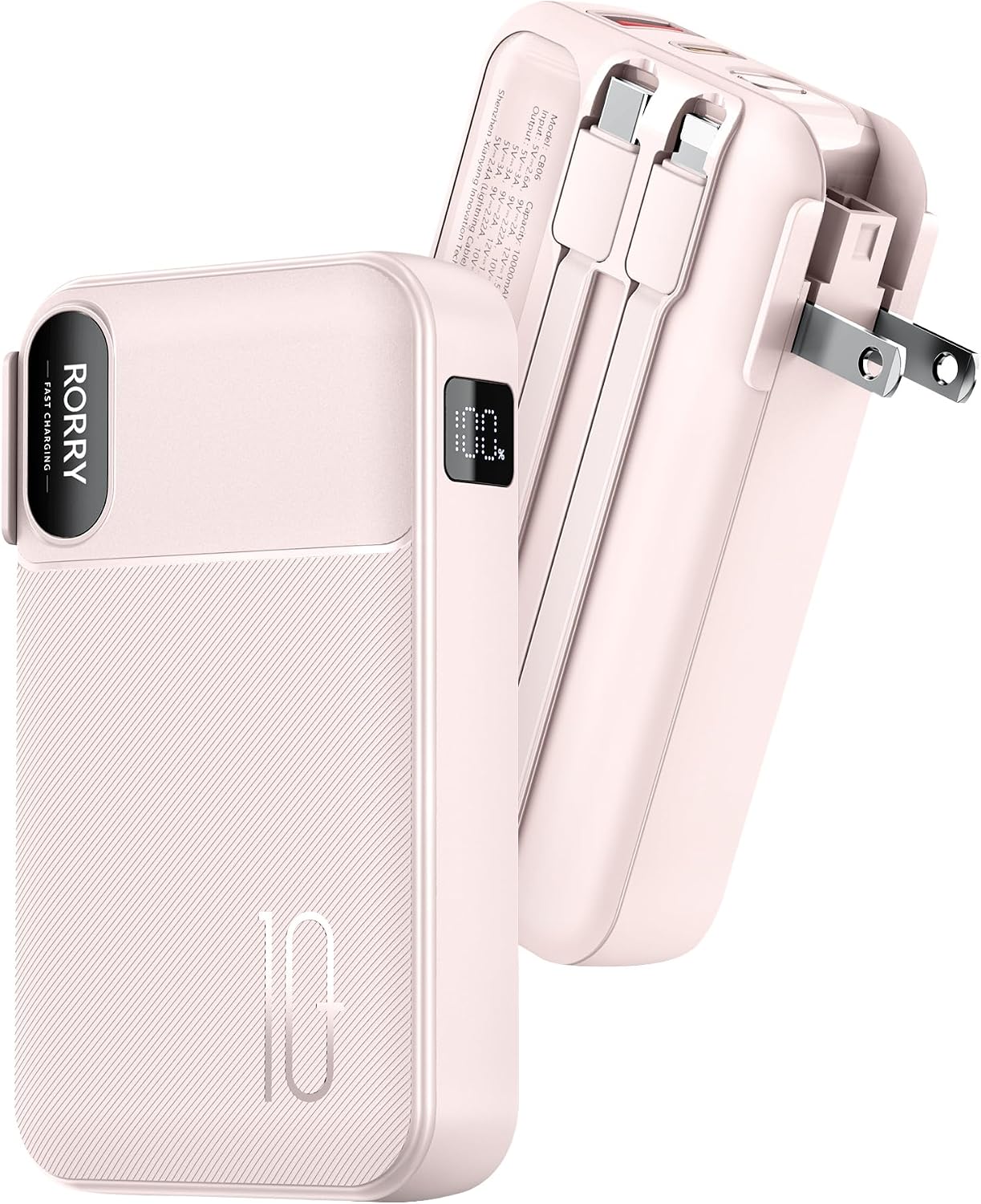 RORRY Portable Charger w/Wall Plug 10000mAh Power Bank 22.5W Battery Pack | Built in Cables, Fast Charging, for iPhone, iPad, Samsung Galaxy, Pixel, LG, Travel Essential, Digital Display, Pocket Size