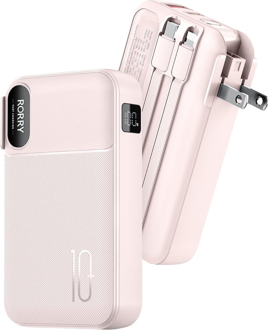 RORRY Portable Charger w/Wall Plug 10000mAh Power Bank 22.5W Battery Pack | Built in Cables, Fast Charging, for iPhone, iPad, Samsung Galaxy, Pixel, LG, Travel Essential, Digital Display, Pocket Size