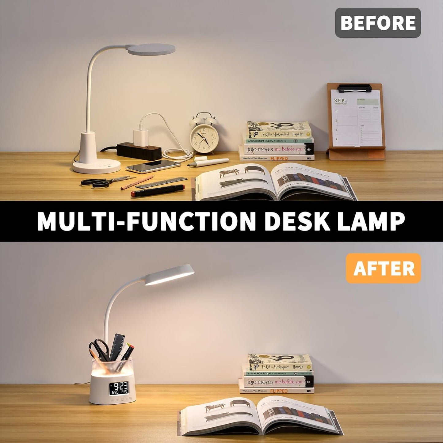 Led Desk Lamp with Pen Holder, Touch Lamps for Nightstand with 3 Color Modes, Eye-Caring Bedside Reading Light with Clock, Office Lamps Stepless Dimming, Lamp for Dorm Room, Suitable for Kid/Girl/Boy