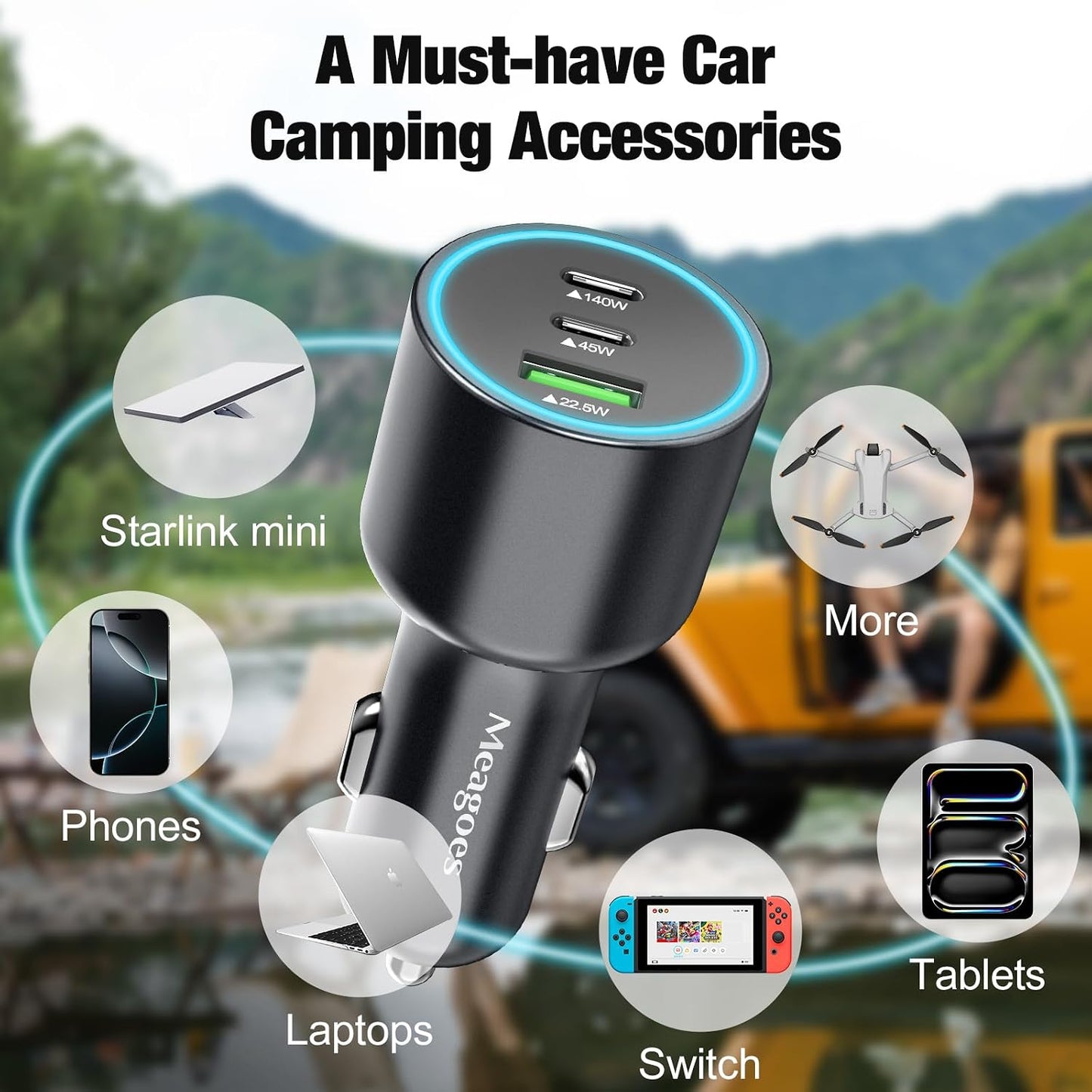 140W USB C Car Charger Super Fast Charging for iPhone 17/MacBook Pro/Laptop | for 17 Pro Max/Samsung S26/S25/MacBook Air/ThinkPad/HP Notebook/Chroemebook,PD3.1 140W/100W/PPS 45W,3.3ft Type C E-Mark Cord