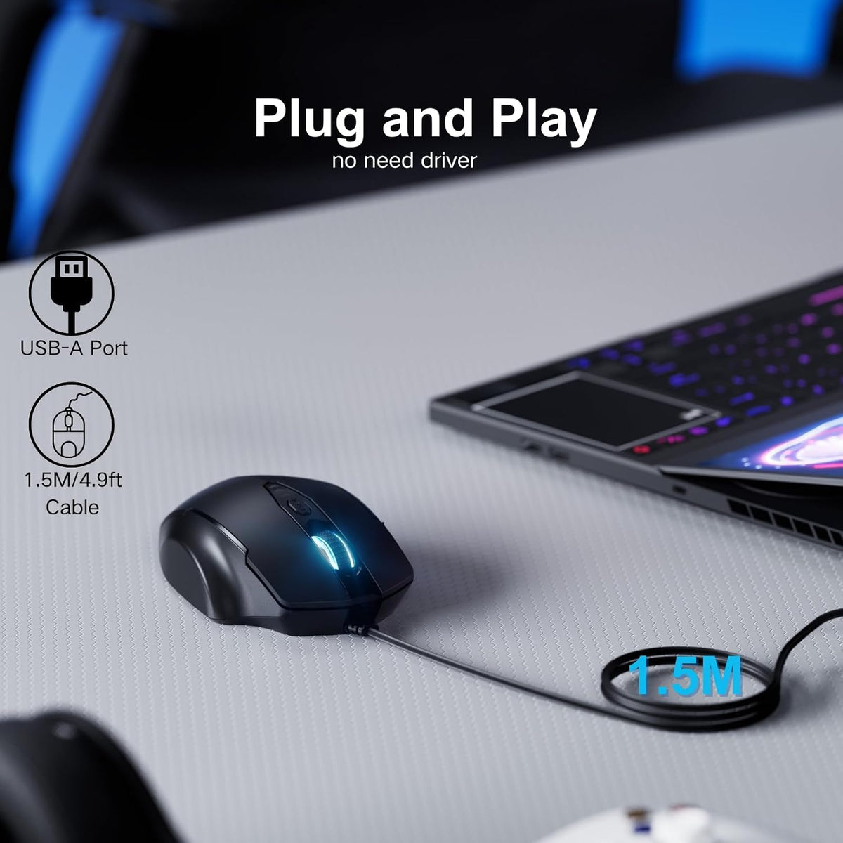 Uineer Wired Mouse, USB-A Computer Mouse with 6 Buttons,Adjustable | Plug-and-play USB-A wired connection with 6 programmable buttons, 7200 DPI and a 1.5 m cable.