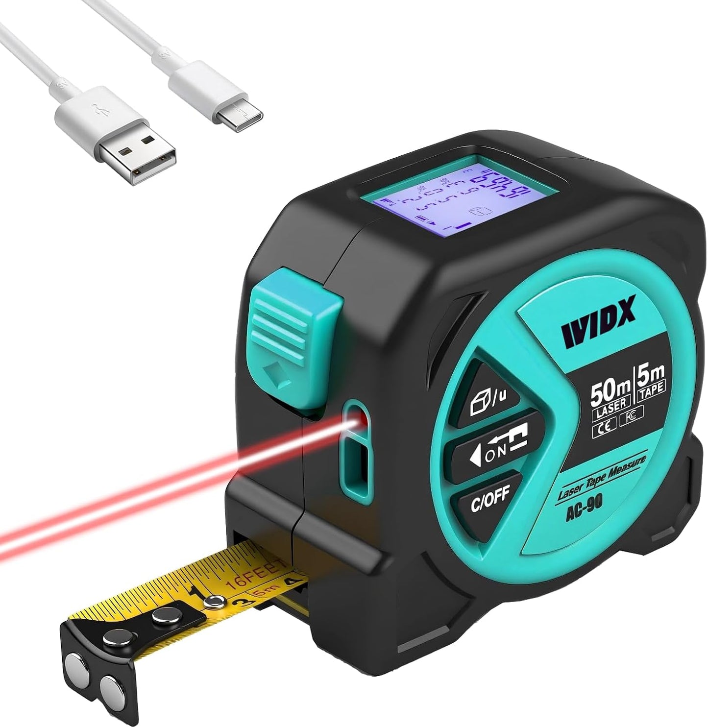 WIDX 2 in 1 Laser Tape Measure,164ft Laser Measurement & 16ft Tape Measure | Laser Distance Meters with Magnetic Hook, LCD Display, in/Ft/M/Ft+n, Linear/Area/Volume/ Pythagorean for Different Scenarios