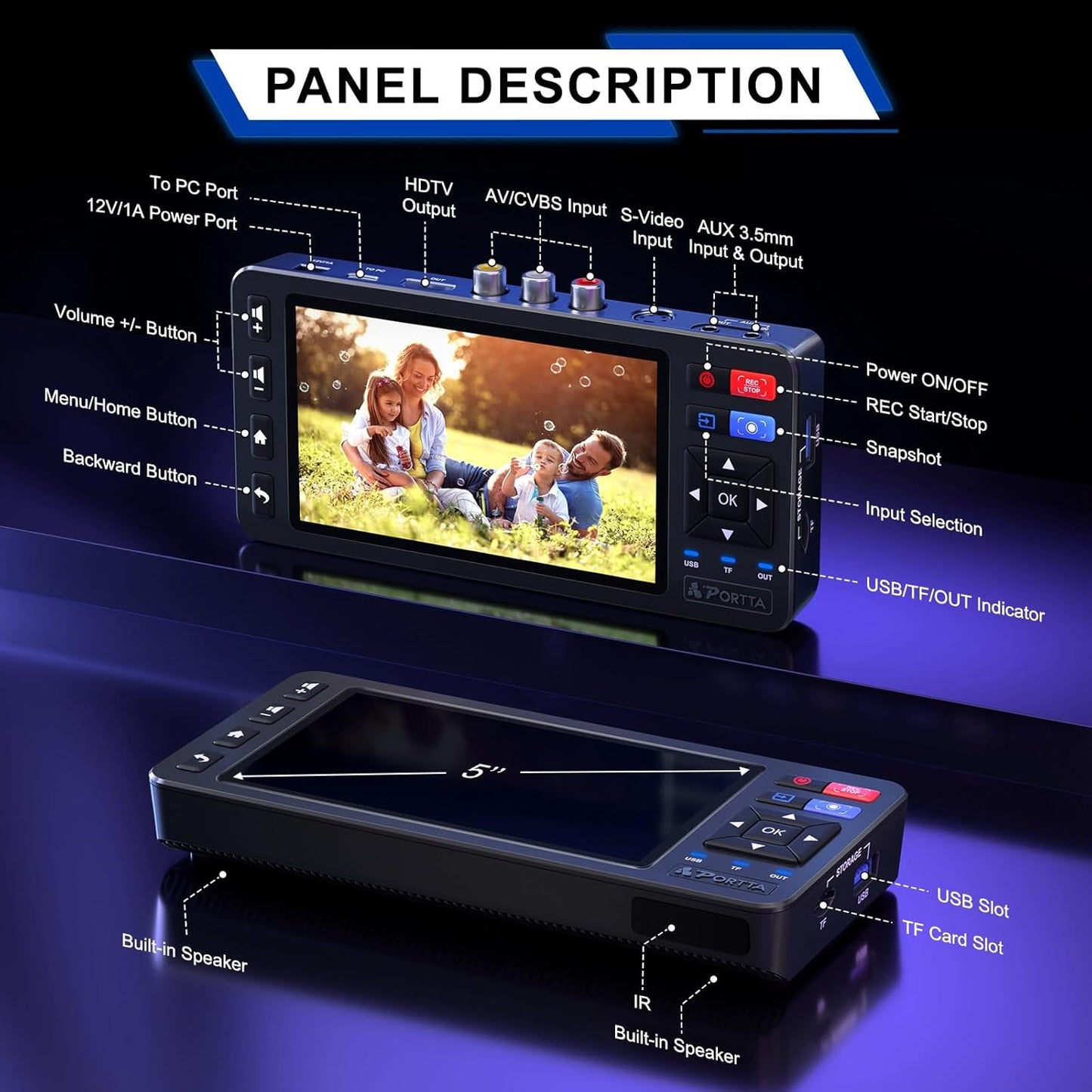 Portta VD20P VHS to Digital Converter with 5" HD Screen, Video Capture Recorder Convert to MP4 Compatible with VHS, VCR, DVR, DVD, Hi8, Mini DV, Gaming Console (VCR/VHS/DVD Player/Camcorder Required)