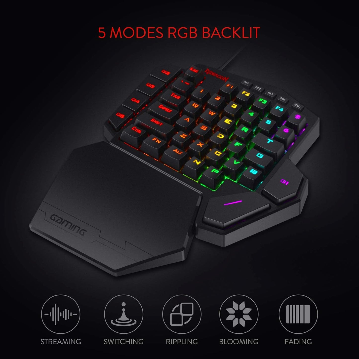 Redragon K585 Wired One-Handed RGB Gaming Keypad, Tactical 42-Key Layout | On Board 28 Combo Slots 4 Profiles Keyboard, USB Pass-Through Port, 16.8M Colors, Swap-Ready Socket, Detachable Wrist Rest