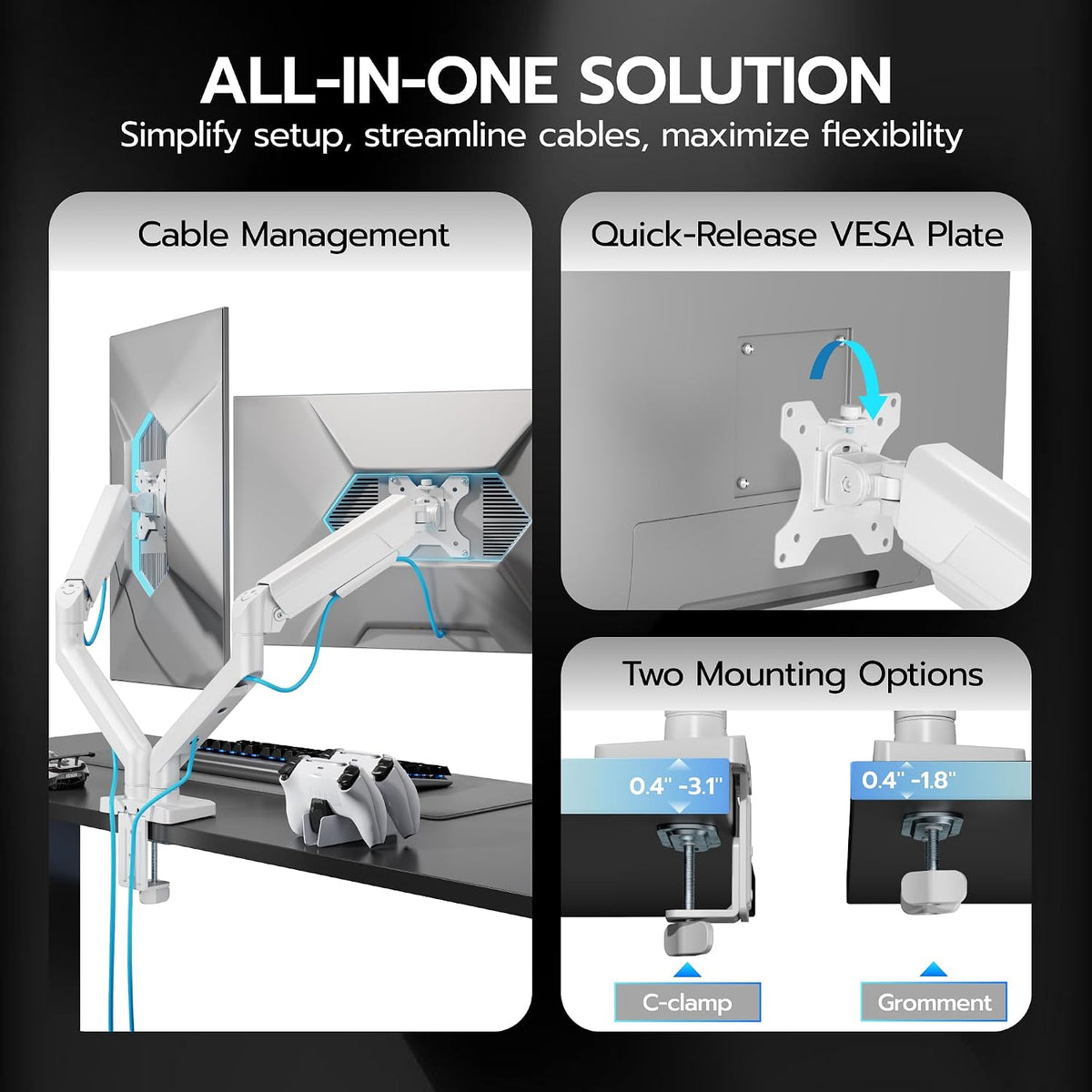 ARES WING Dual Monitor Mount with USB for 2 Monitors for 17-35 inch, White