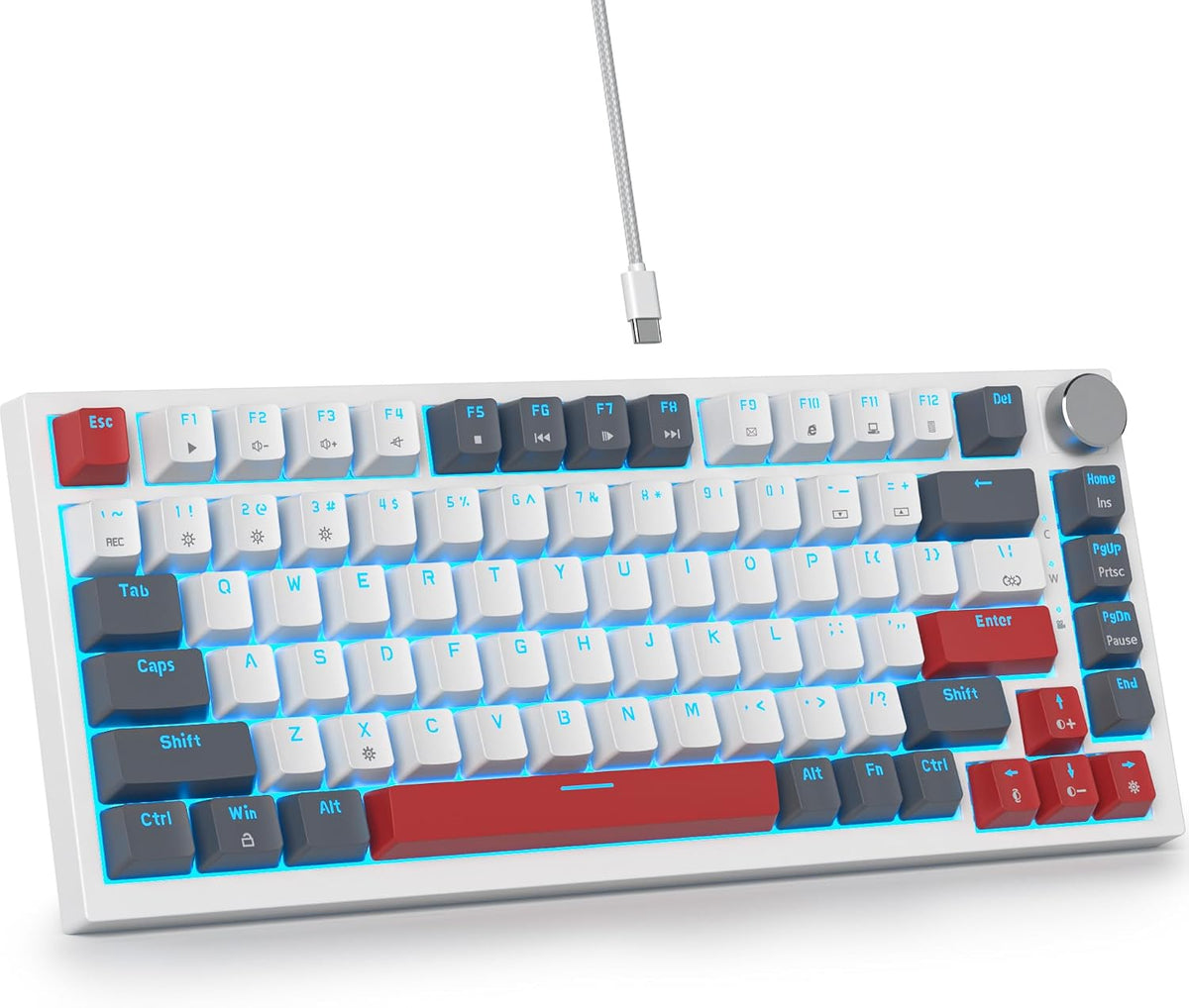 Guffercty kred 75% Percent Blue Keyboard Gasket Mount with Knob, Hot-swappable RGB Wired Mechanical Gaming Keyboard Programmable for Mac/Win (82 Sea Fog Blue)