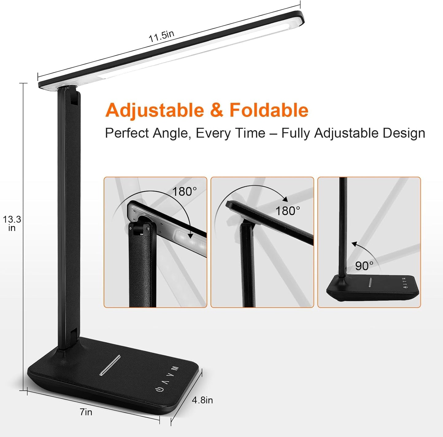 LED Desk Lamp for Office Home, Bright Desk Light with USB Charging Port, Adjustable Dimmable Desk Lamps 5 Modes 5 Brightness, Touch Study Lamp for Nail, Craft, Puzzle, Sewing, Study, Black