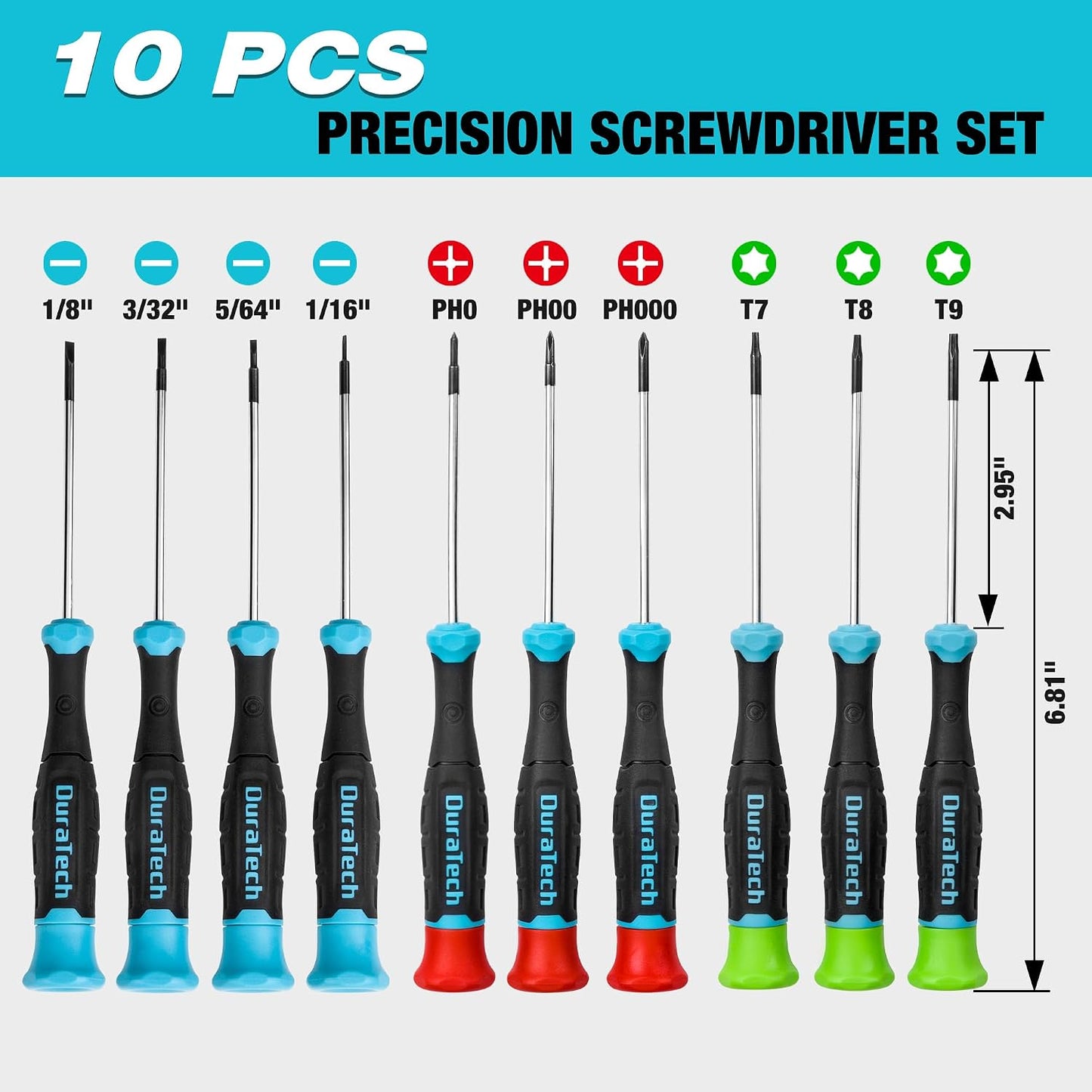 DURATECH 10 PCS Magnetic Precision Screwdriver Set, Phillips, Slotted, Torx | Cr-V Steel Construction, Non-Slip Grip, with Storage Pouch, Repair Tool Kit for Eyeglasses, Watches, Laptops, Phones