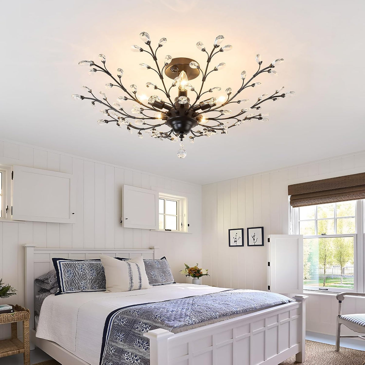 CVKASH Motion Sensor Crystal Chandelier Modern Black Semi Flush Mount Ceiling Light Fixture Vintage Small Chandelier Lighting for Kitchen Bedroom Living Room Dining Room Hallway Foyer