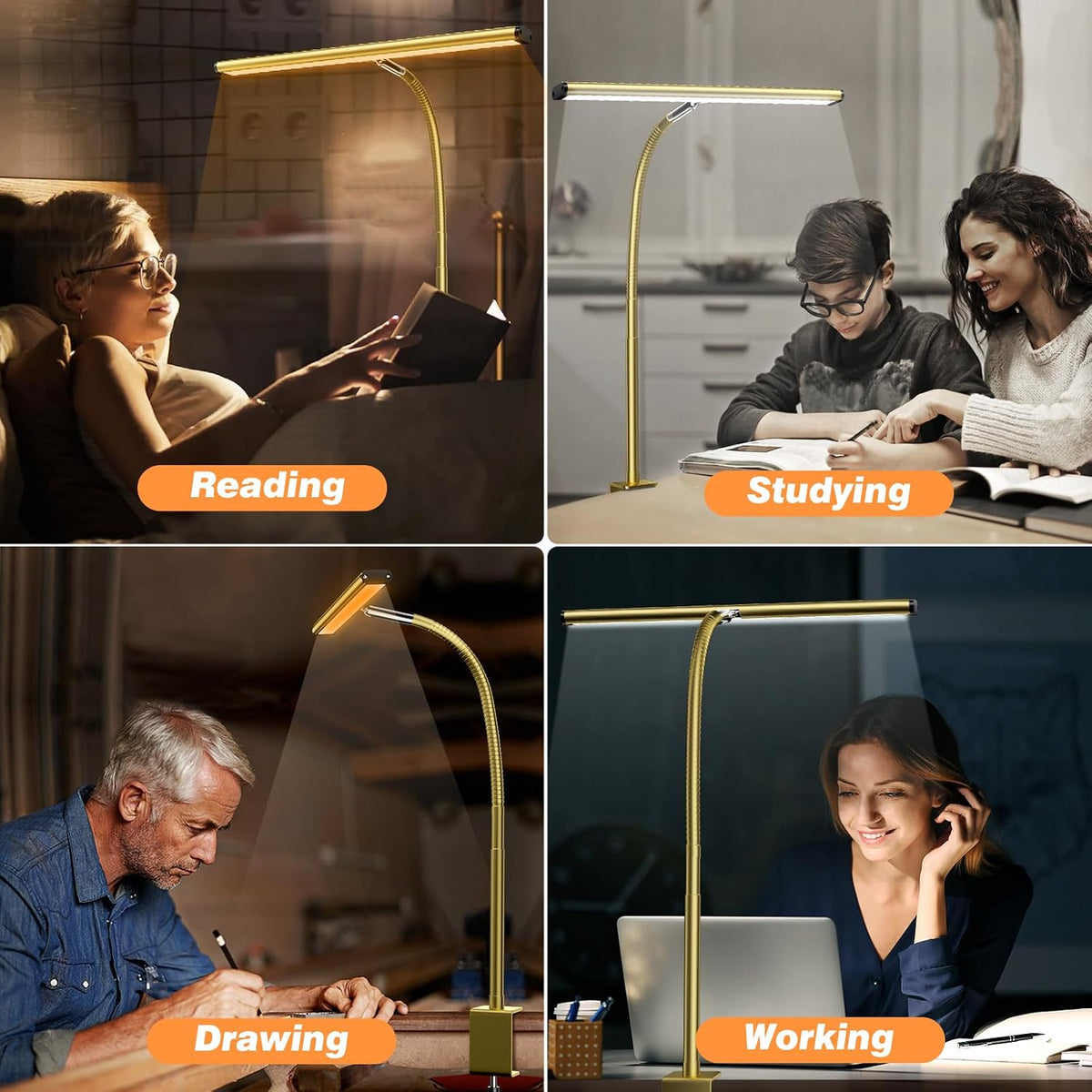 Airlonv LED Desk Lamp with Clamp, 17" Stepless Dimming Light, Gold