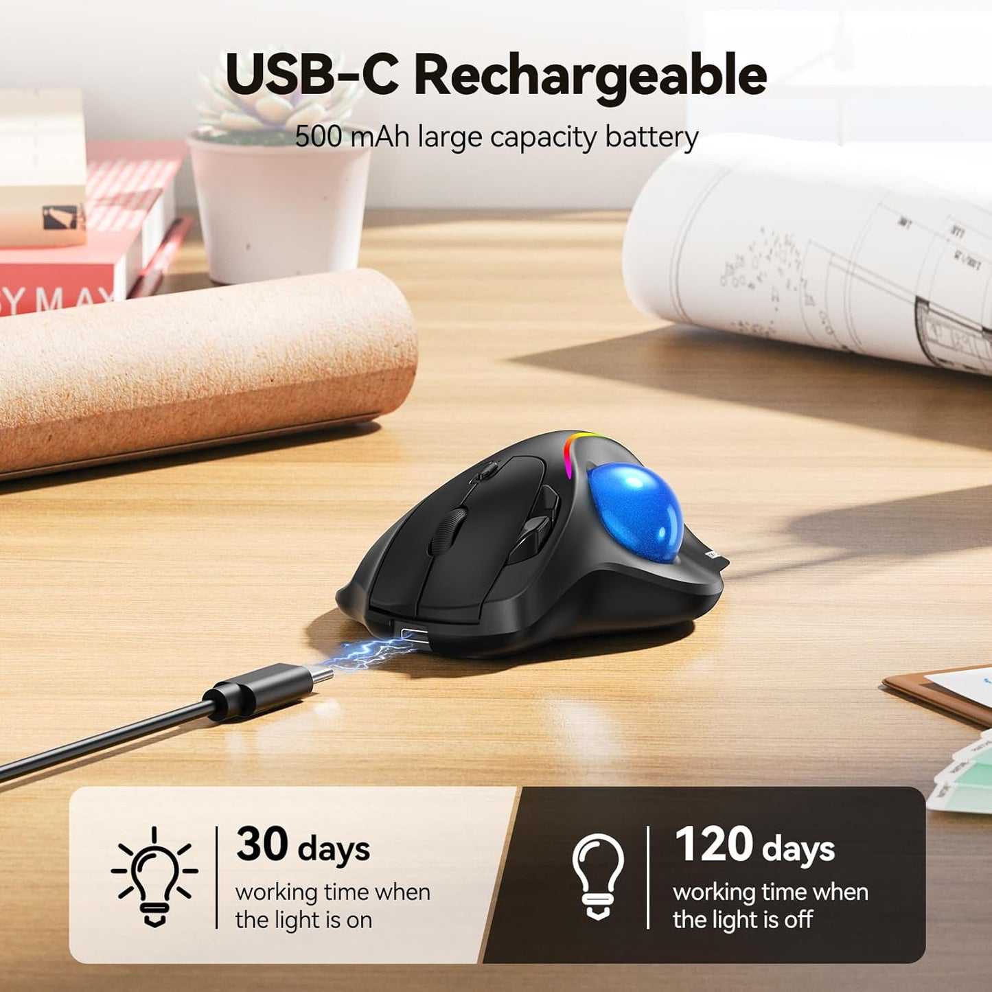 TECKNET Wireless Trackball Mouse, Bluetooth Mouse with Ergonomic, Black | 3-Device Connectivity (Bluetooth & 2.4G), 5 Adjustable DPI, RGB Lighting, PC, Mac & Laptop Compatible
