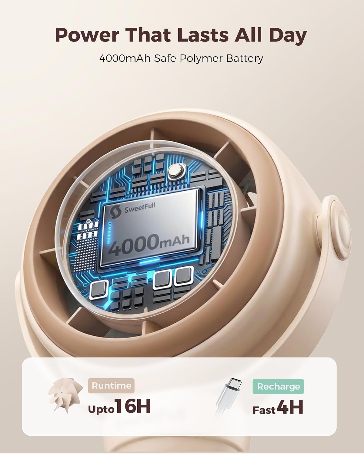 SWEETFULL Baby Stroller Fan, Safe Portable Fan, 15H Use, Nightlight - Brown | Pinch-Proof Design; 4000mAh Rechargeable; Stable Mini Clip On Fan; 360° Adjustable; 4-Speed Quiet; LED Display; Car Seat Crib