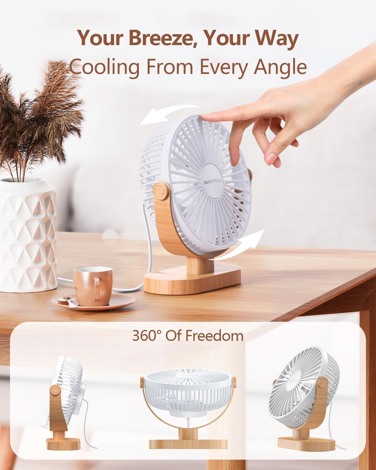 SWEETFULL Small USB Desk Fan, Desktop Table Fan, Quiet Office Mini - White | 6.5" Personal Fan; 3 Speeds; 360° Adjustable; 25dB; 10oz; USB Powered; Stable Base; Easy Cleaning-Home & Cooling; Retro Decor
