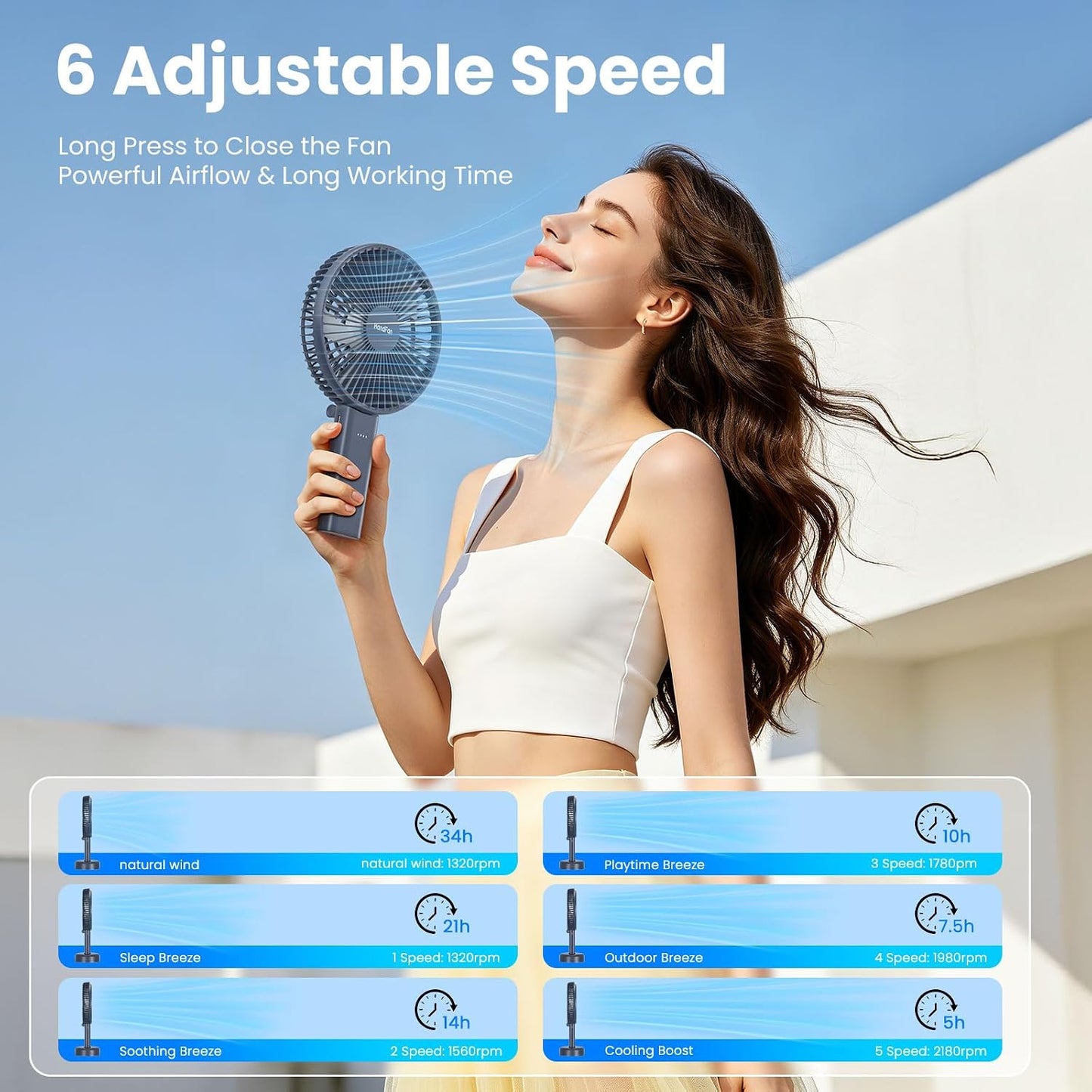 HandFan Quiet 6 Inch Handheld Fan [34H Max Cooling Time], 6 Speed Rechargeable Personal fan and Desktop with Base, 180° Foldable for Travel Concerts Makeup Office (Grey)