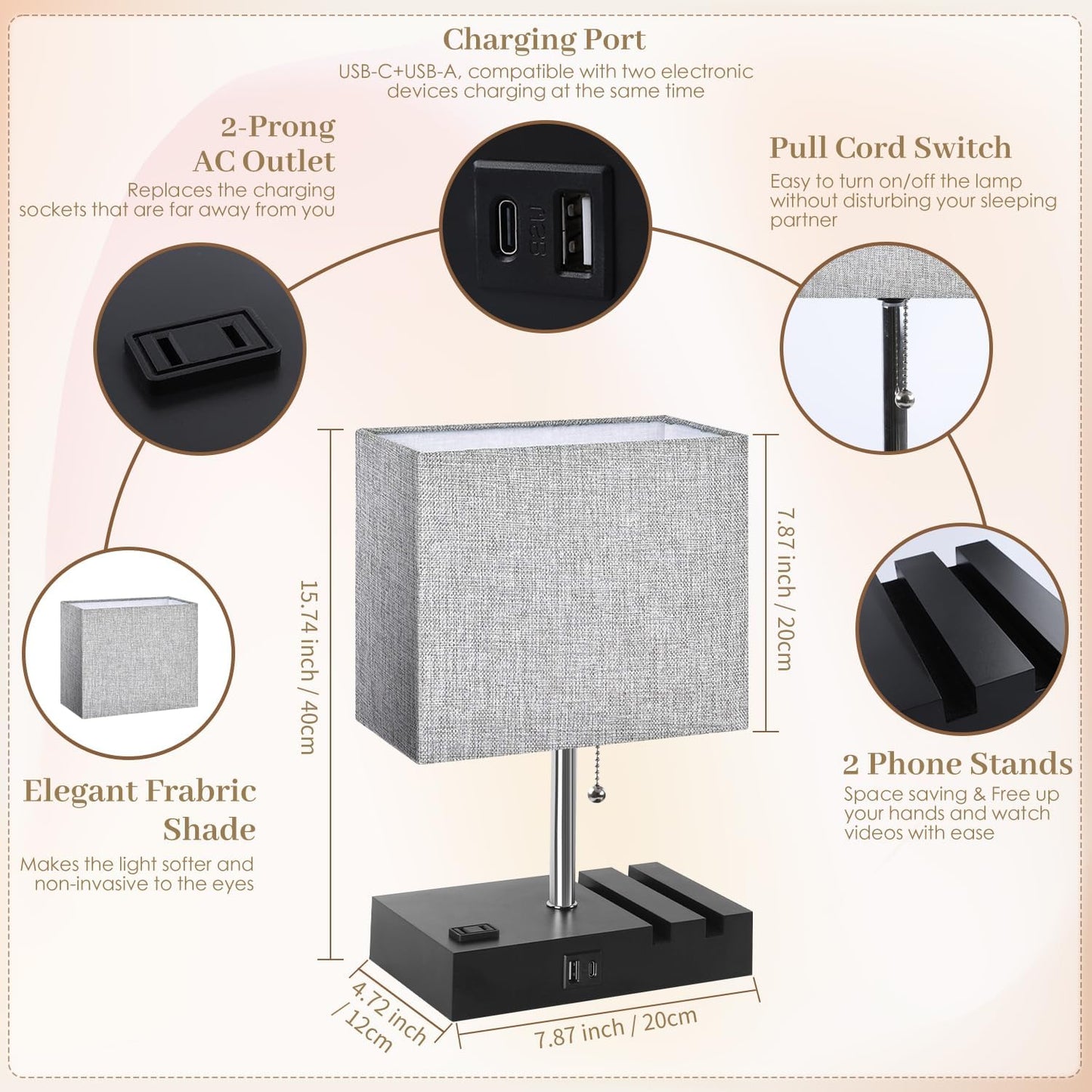 Smart RGB Dimmable Table Lamp Work with Alexa&APP&Remote Control, Gray | Bedside Desk Lamp with Charging Ports&Outlet&Phone Stand, Music Sync Nightstand Lamp for Bedroom Living Room Office Dorm