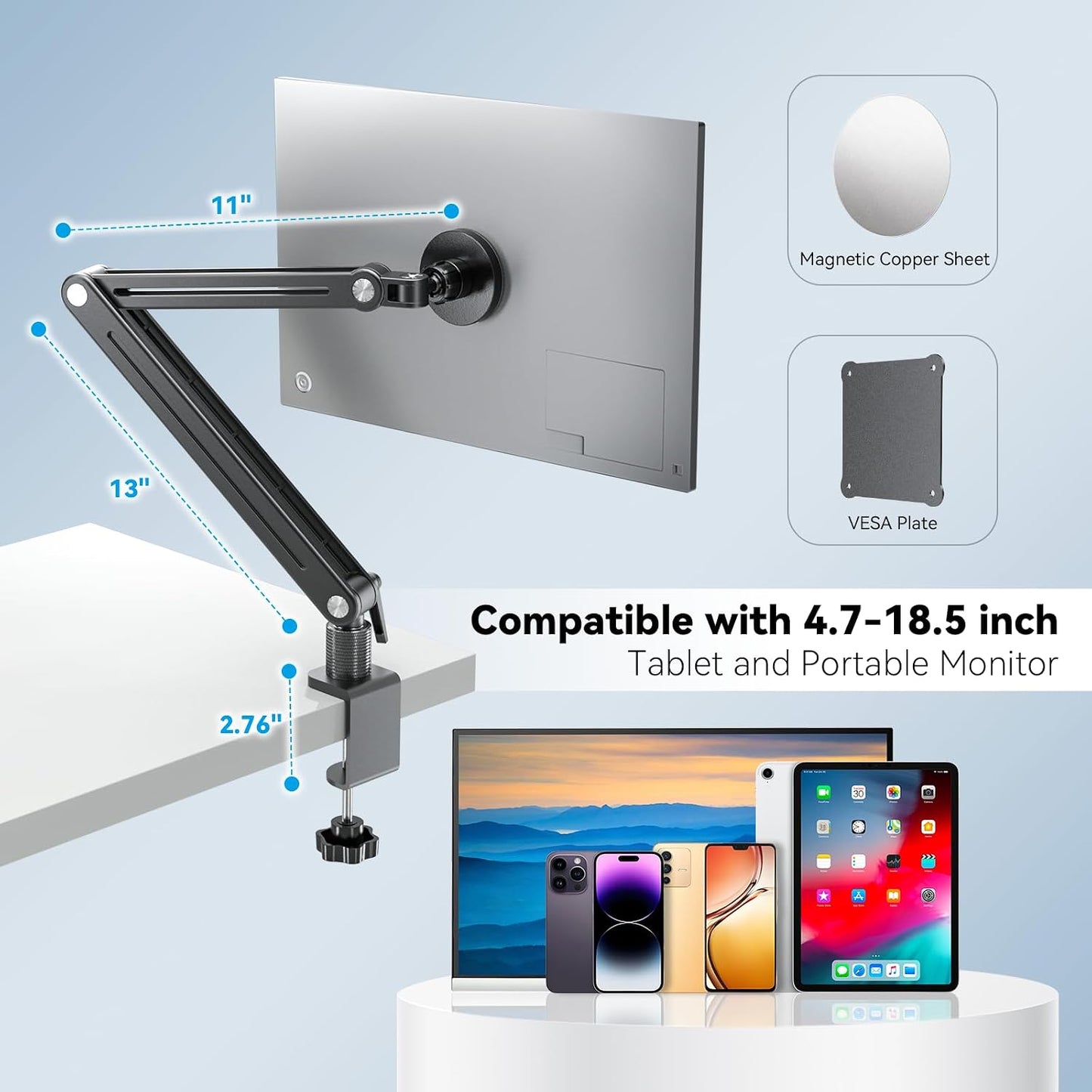 Jakeko Magnetic Portable Monitor Holder Arm - Heavy Duty Solid Aluminum 75mm VESA Mount Desk Clamp 8.3" 12.9" 15.6" 16" 17.3" 18.5 inch 360° Swivel Base with Cable Clips