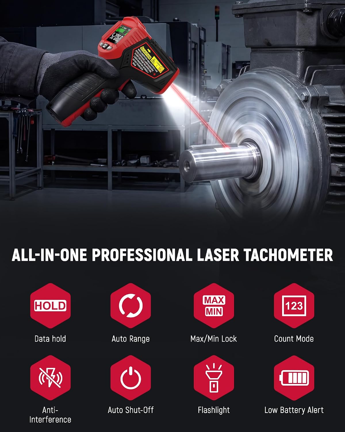 KAIWEETS Laser Tachometer Digital RPM Meter Non Contact Motor Speed Tester 10-99999 RPM, Handheld Tachometer with Large LCD Display, Max Min Memory, Reflective Tape for Engines Motors Fans
