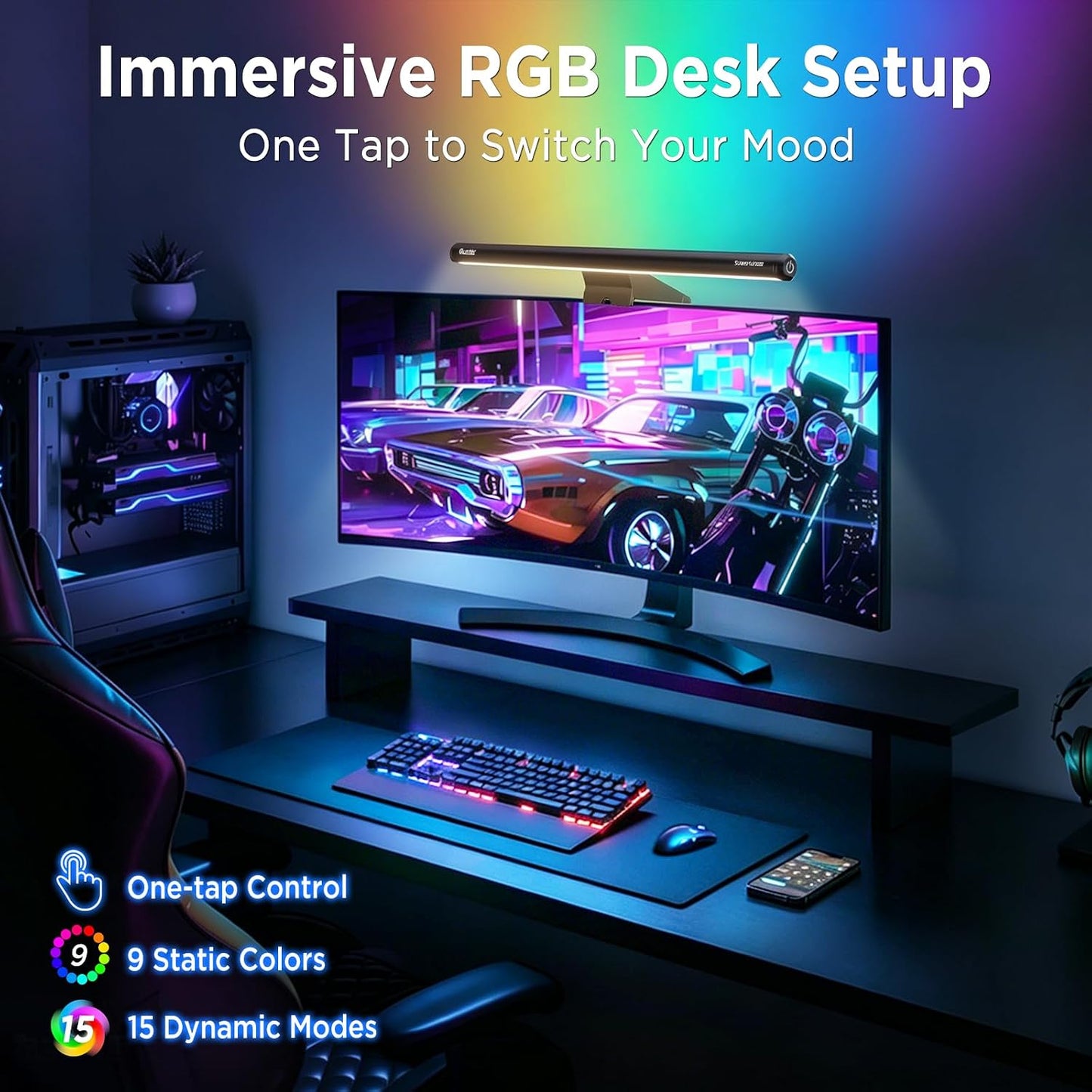 Quntis Monitor Light Bar 15.7", 24 RGB Backlight Modes for lmmersive Gaming Ambience, 900 Lux Glare-Free Computer Screen Lamp, High CRI 95 Eye Care Desk Light for Home Office