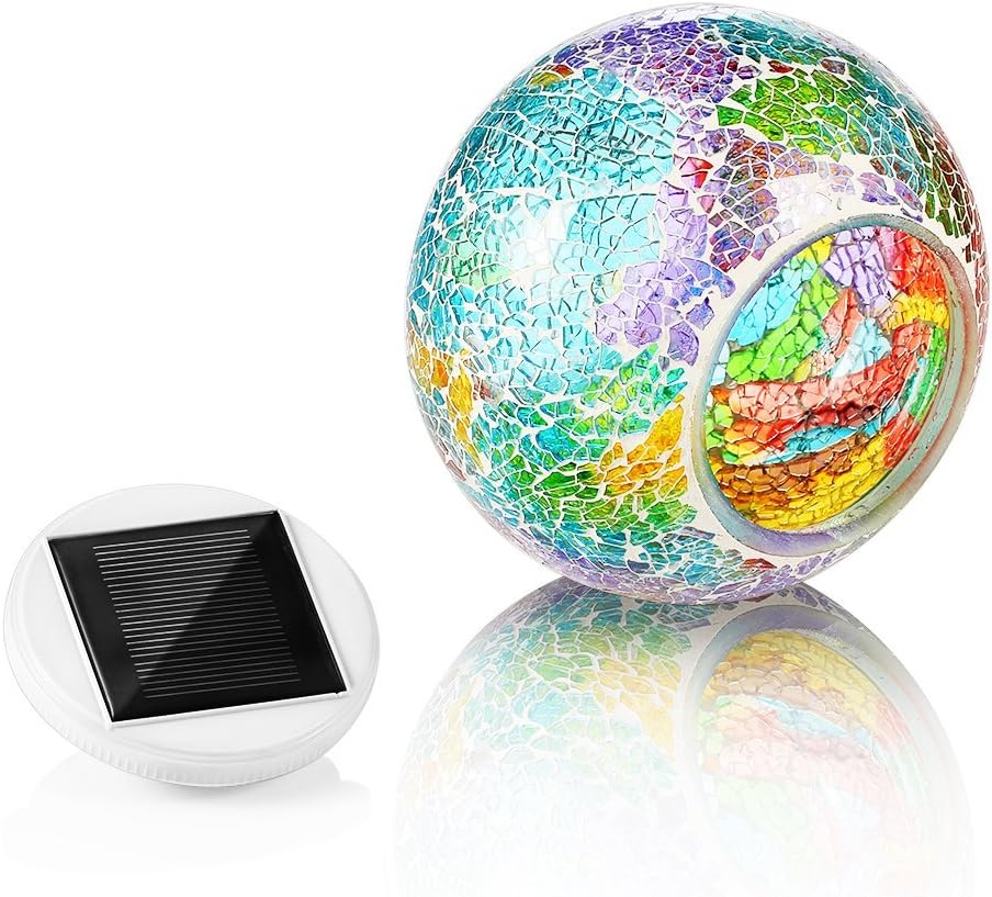 WSgift Color Changing Solar Powered Glass Mosaic Ball Led Garden Lights, Rechargeable Solar Table Lights, Outdoor Waterproof Solar Night Lights Table Lamps for Decorations, Ideal Gifts