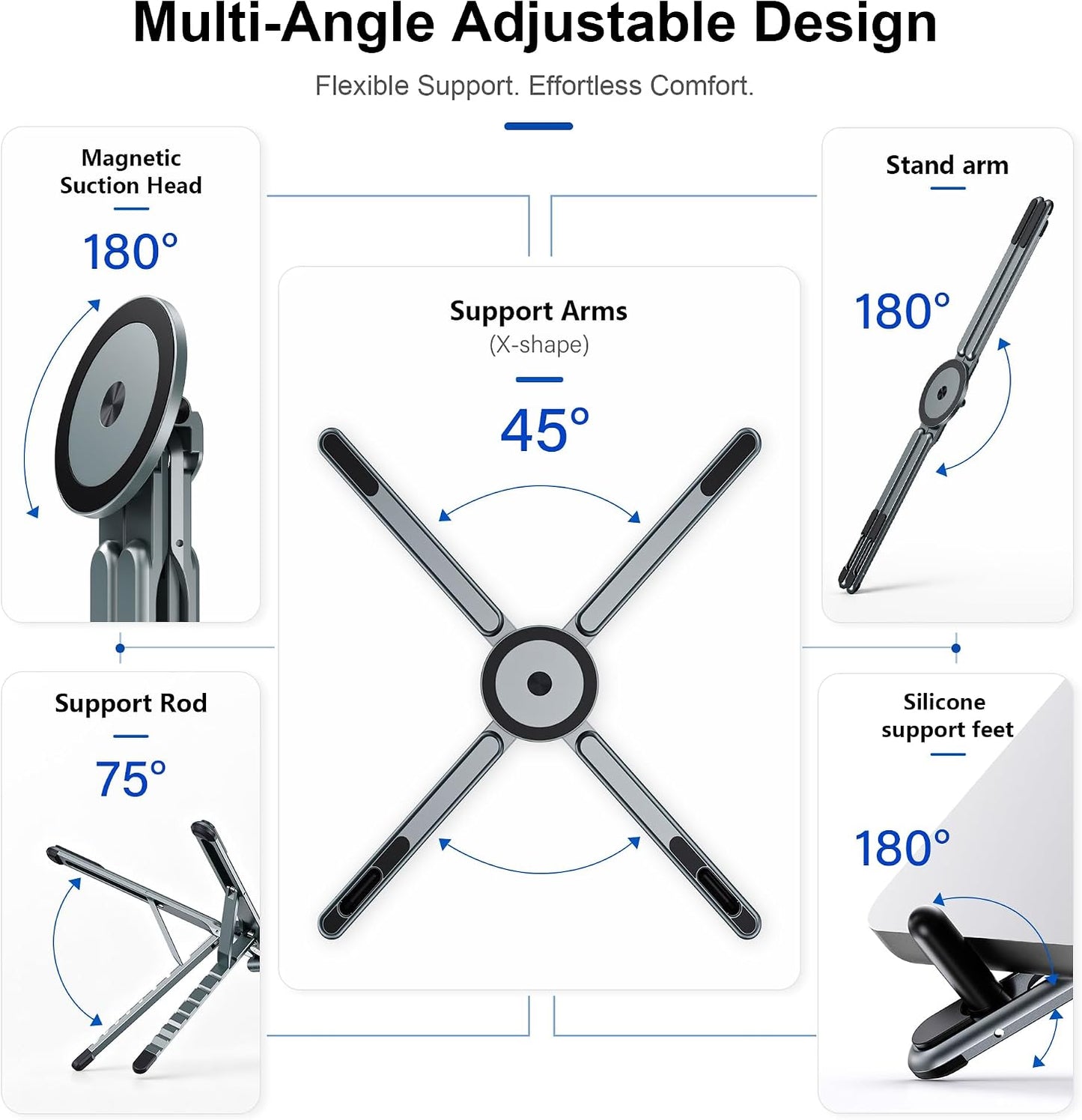 Portable Laptop Stand, 3-in-1 Magnetic Foldable Adjustable, for Desk（Gray） | Aluminum alloy, lightweight compact, 8-level height, ergonomic, for phone/tablet, home office/travel