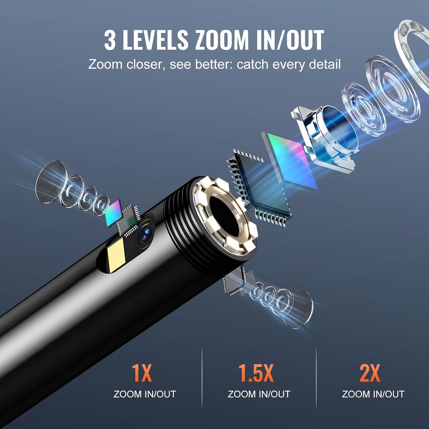 VEVOR Endoscope Camera with Light, Triple Lens Industrial Borescope, 5" Screen 1080P Inspection Camera, 8 + 2 Lights, IP67 Waterproof Snake Cameras for Automotive, Plumbing (16.4FT Cable, 32GB Card)