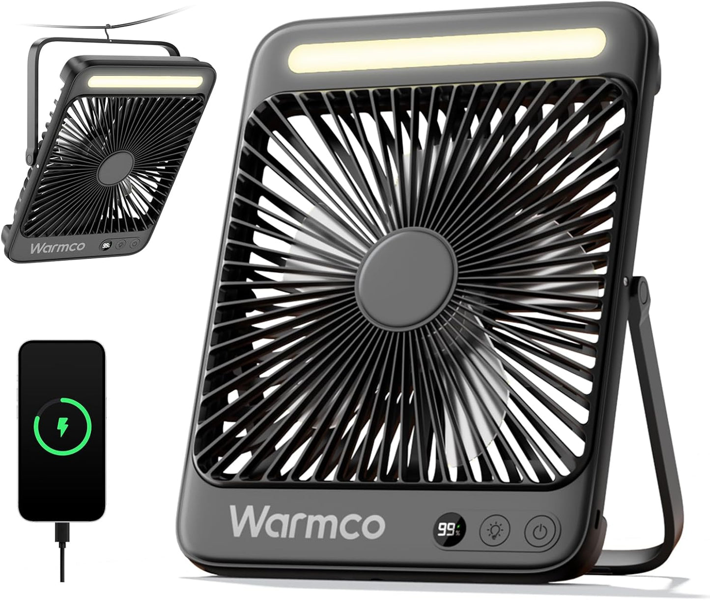Warmco D4 Battery Powered Camping Fan 20000mAh, LED Lantern | Up To 48H Runtime, Ultra-Slim Quiet 8-Inch Fan, Digital Display & Hook for Tent, Bedroom, Outdoor & Travel