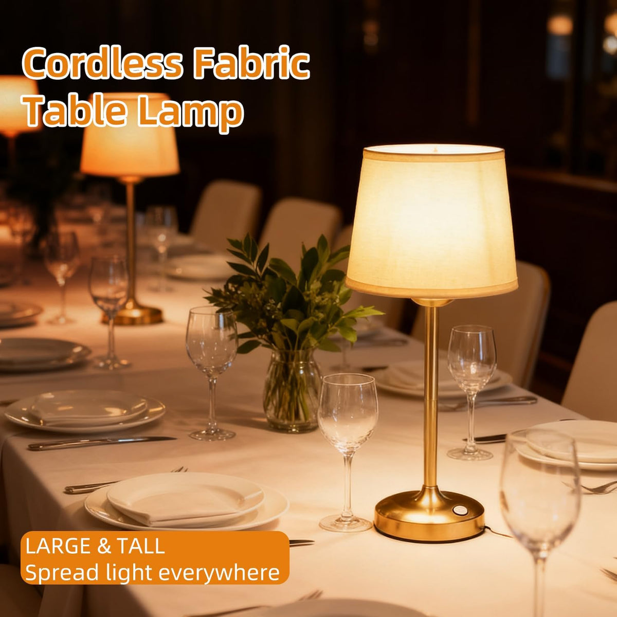 Deogos Cordless Table Lamp Gold with Dimmer, 4000mAH Battery Operated Lamp Rechargeable, 3 Color Temperature Touch Control Fabric Desk Light for Dining Room, Bedroom, Bar, Patio, Counter, Restaurant