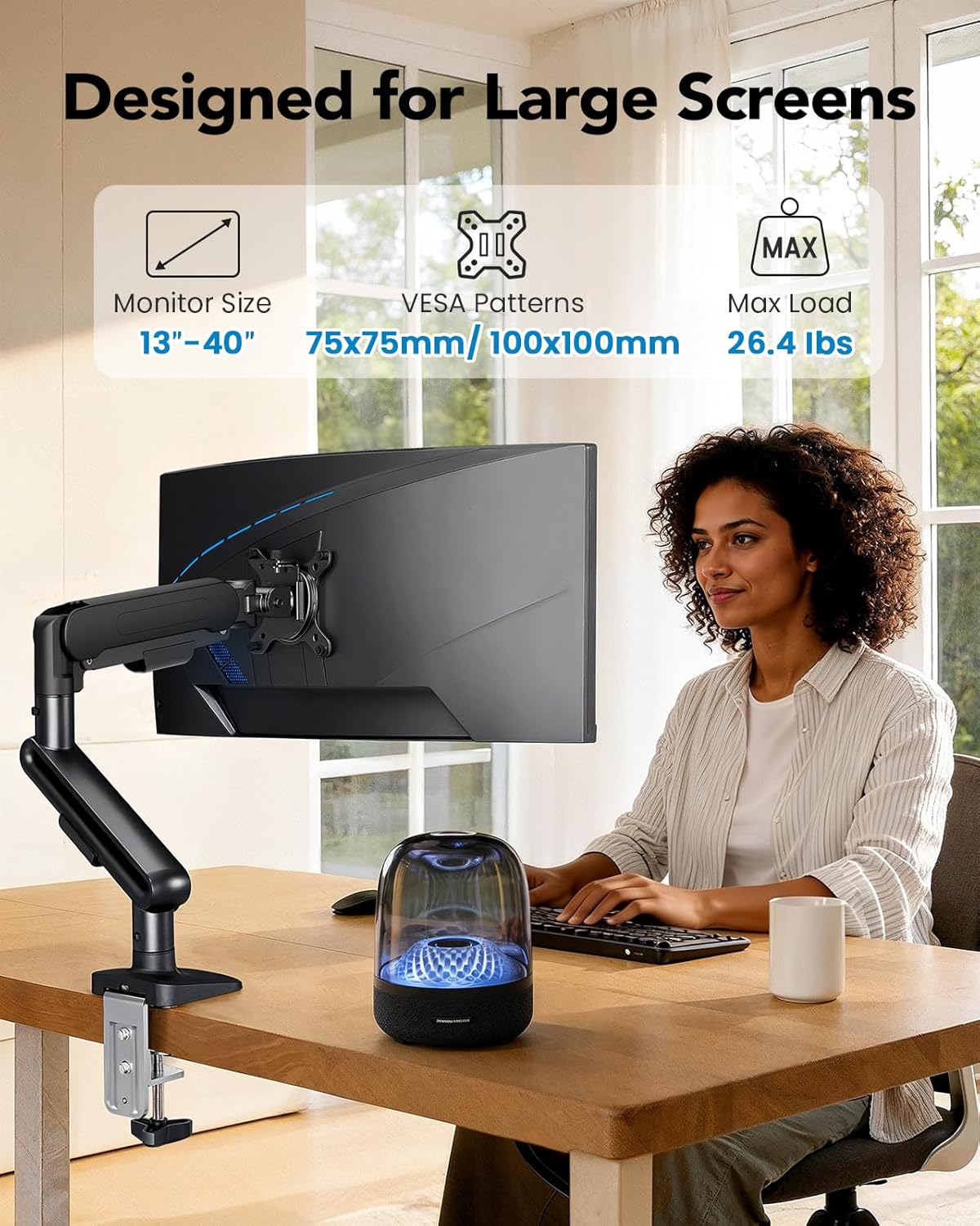 HUANUO Ultrawide Monitor Arm for 13 – 40" Screens, Single Monitor Mount Holds up to 26.4lbs, Adjustable Monitor Stand with C-Clamp & Grommet Base, VESA Mount 75x75mm/100x100mm