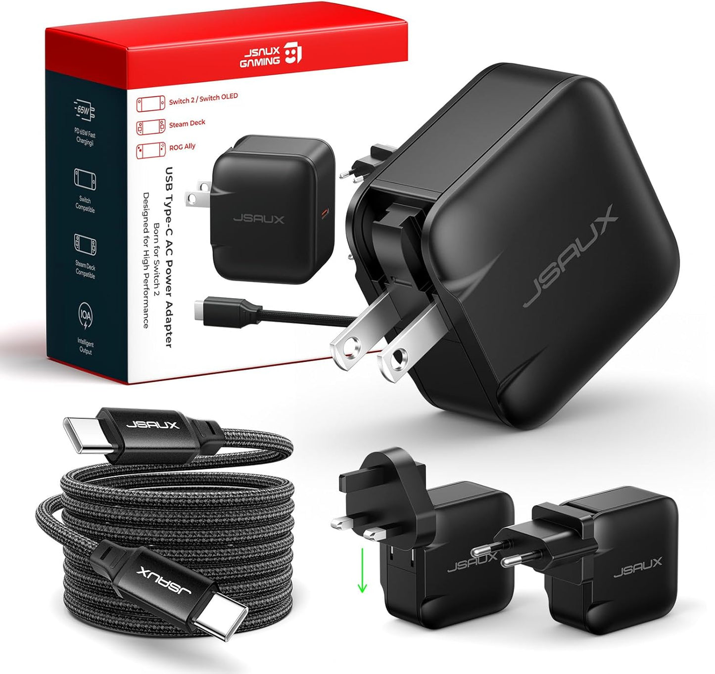 JSAUX 65W GaN USB C Charger for Switch 2, EU/UK Plug, 6.6FT Cable, Black | Powers in TV Mode, GaN PD Fast Charge for ROG Xbox Ally, Steam Deck, ROG Ally, iPhone 17, Galaxy, Tablet & Laptop