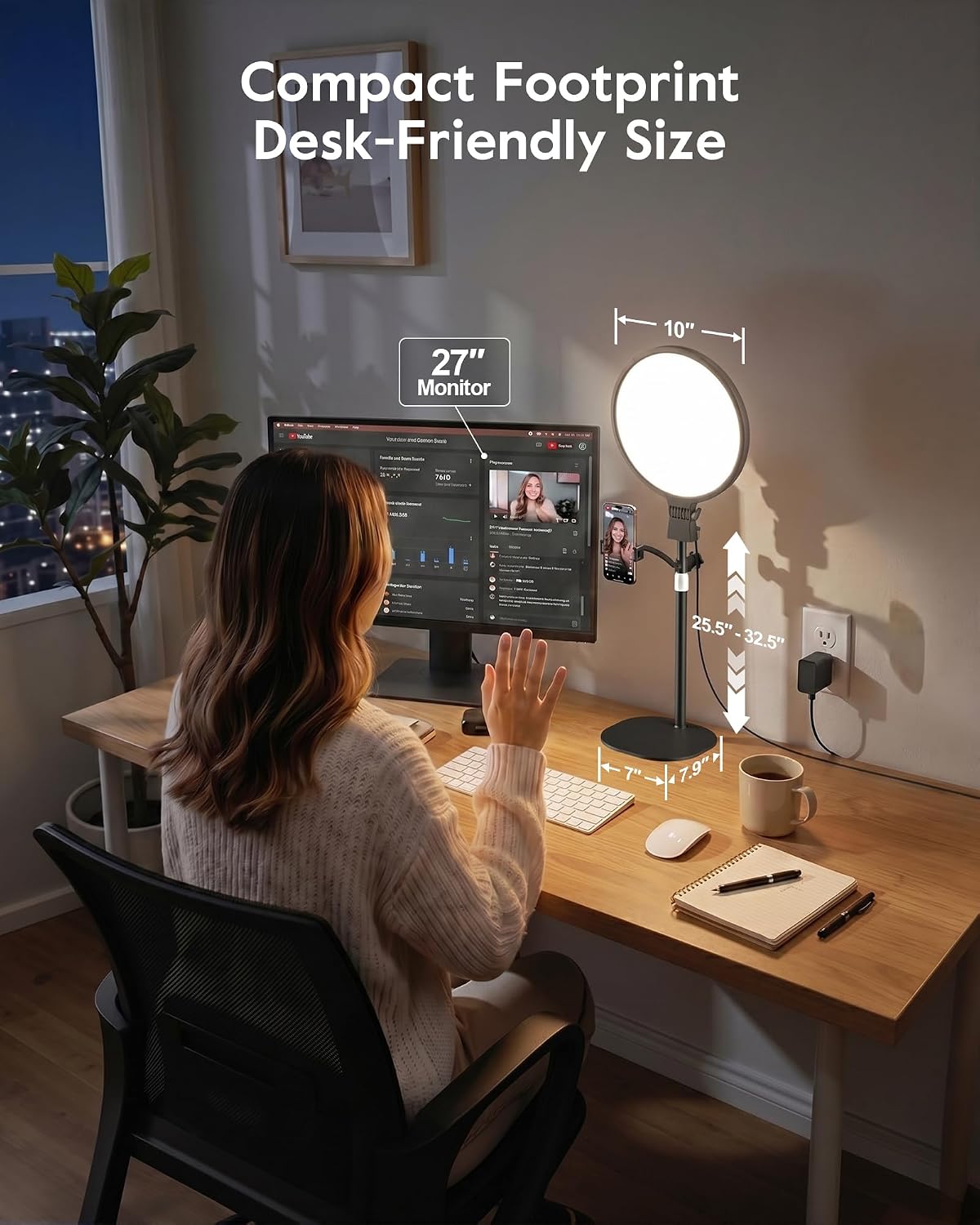 1300 Lumens Ring Light with Stand for Desk, Computer &amp; Laptop – Podcast &amp; Streaming Light with Flexible Phone Holder, CRI 98+ Bright Yet Soft Influencer Light for Video Recording, Conference &amp; Calls