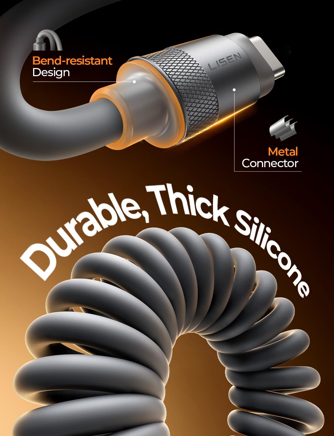 LISEN Coiled USB C Cable 2 Pack 60W Chubby Cable C to C Cable Fast Charging | for Car CarPlay & Android Auto Durable Silicone USB C to USB C Cord for iPhone 17/16 Pro Max, Samsung Galaxy S25,Short 3.5FT