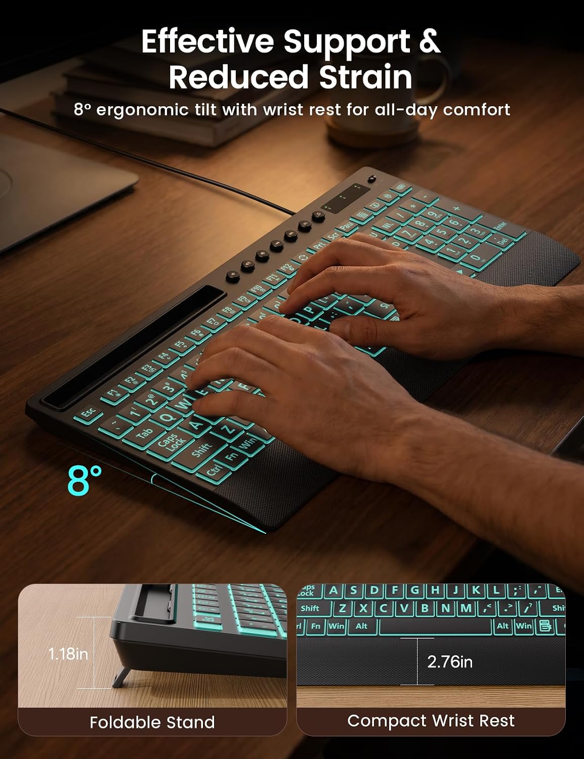 SABLUTE Wired Large Print Backlit Keyboard with Wrist Rest, K31PRO | 3X Larger Print Keys, 7-Color LED Backlight, Full Size Layout, Phone Holder, Quiet Typing, Plug & Play, Windows Compatible