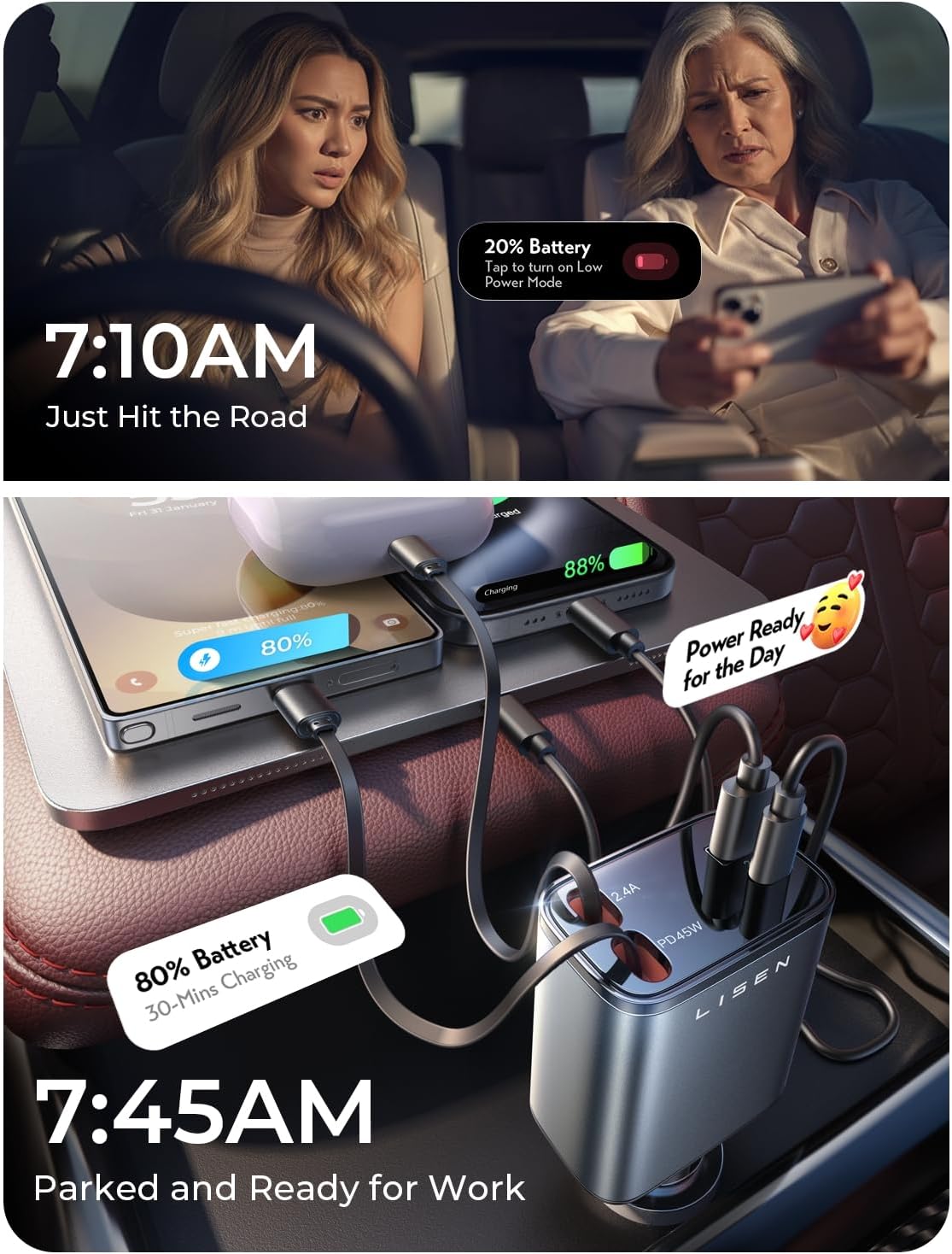 LISEN Retractable Car Charger, 84W Car Charger USB C Fast Charge, 4 in 1 | Cigarette Lighter Adapter, Car Accessories, Birthday Gifts for Men Women Dad Mom Husband, for iPhone 17 16 15 14 13 12 X