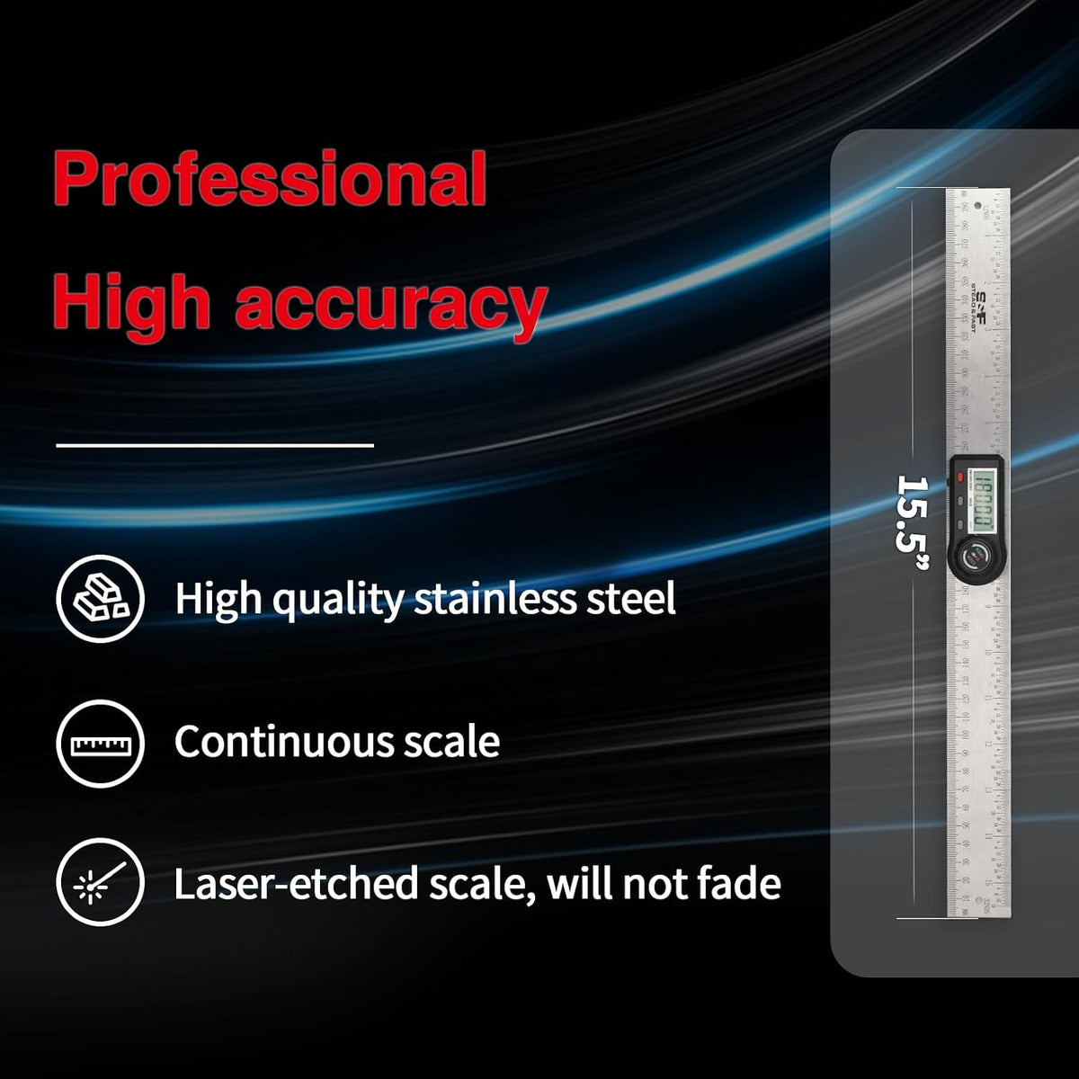 S&F STEAD & FAST Stainless Steel Digital Angle Finder Tool, 7 Inch / 200 mm | Hold & Zero, Slope & Degree, Auto power off, Large LCD, Laser-etched scale, Compact, for Woodworking & Renovation & Table saw