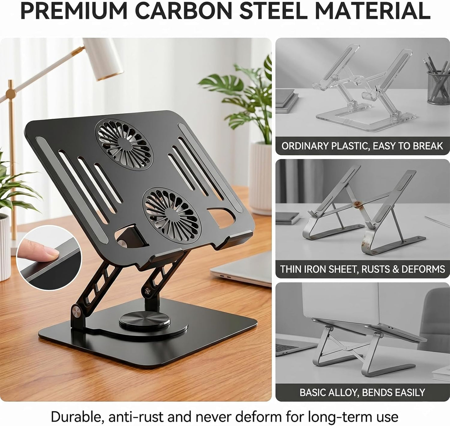 Laptop Stand with Cooling Fan, 360° Rotating Base Aluminum Laptop Riser, Foldable Ergonomic Computer Stand for Desk, Height Adjustable Notebook & All Laptops Up to 17.3" (Black)