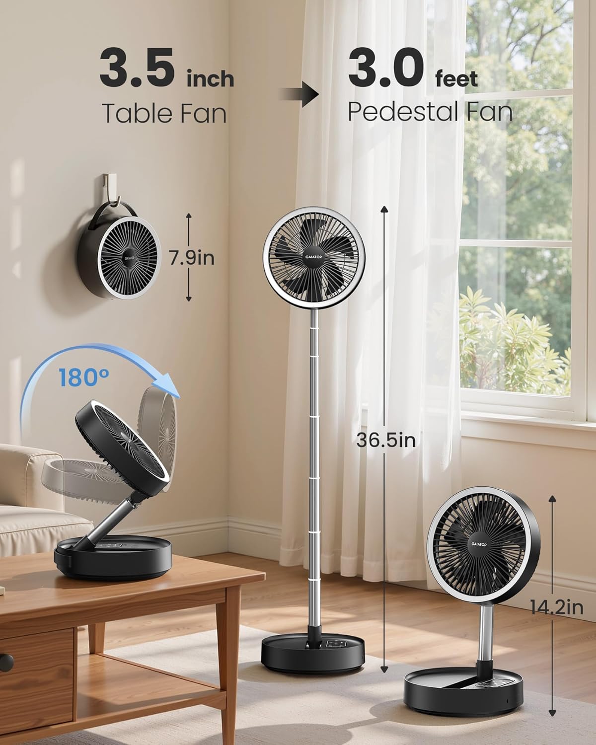 Gaiatop Portable Pedestal Fan 16000mAh Battery [Max 74h Runtime], Foldable Oscillating Standing Fan, Collapsible Desk Fans, LED Light, Case & Remote Control 4 Speeds for Outdoor Travel Camping (Black)