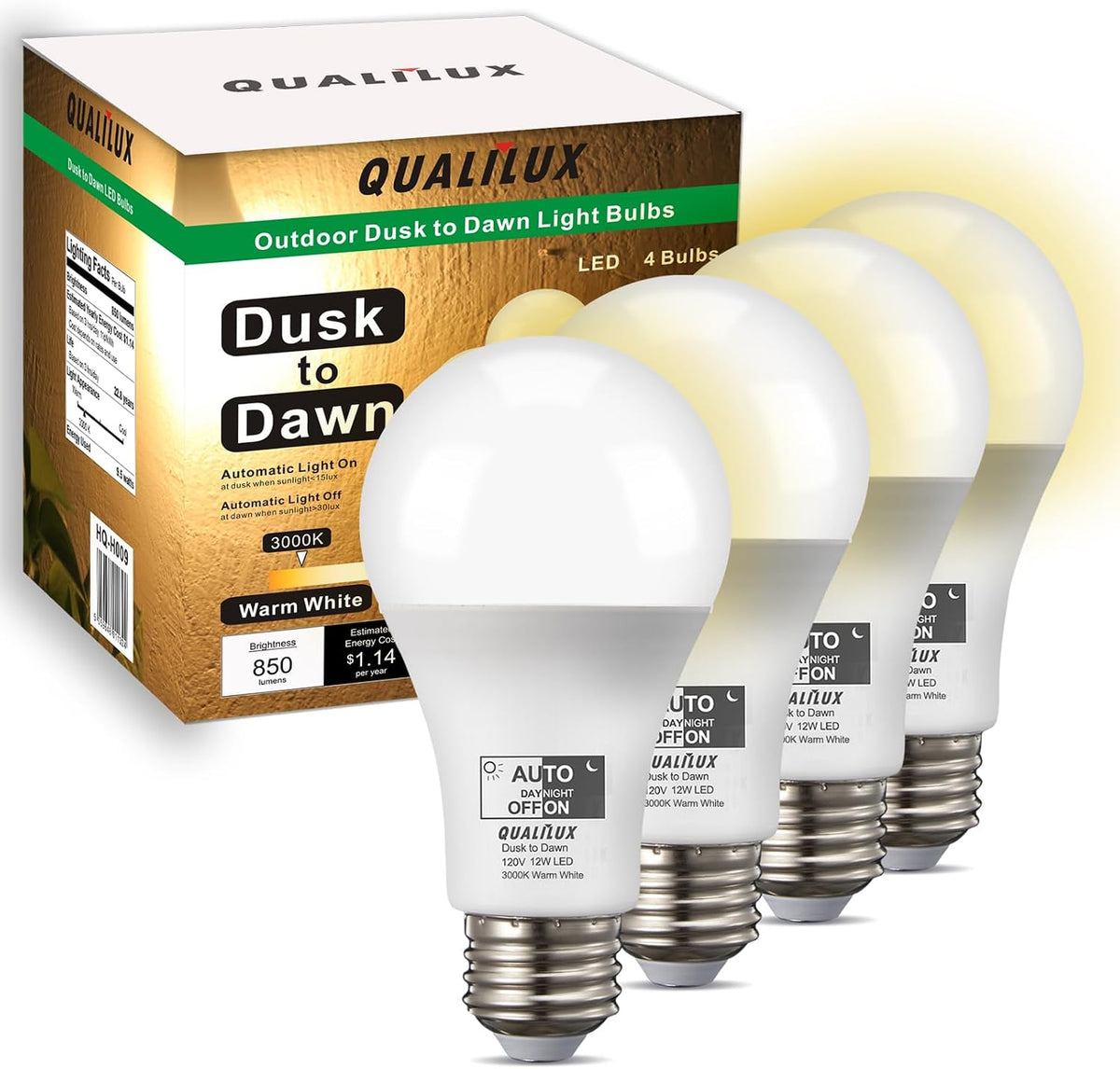 Qualilux Dusk to Dawn A19 LED Light Bulbs Outdoor, Automatic On/Off, 60W Equivalent, Warm White 3000K, Energy Efficient 9.5W, 850 Lumen, E26 Base, 4-Pack, HQ-H009