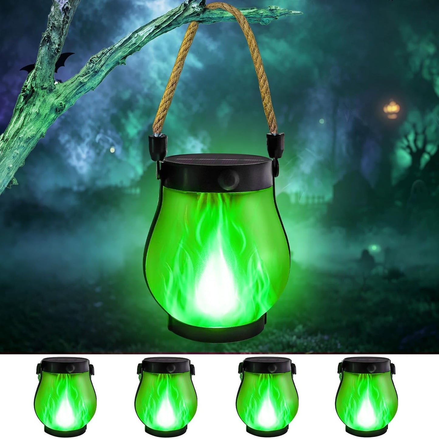 4 Pack Gen2 Solar Lanterns Outdoor Waterproof Hanging Solar Flame Lights | USB & Solar Charging, 2 Modes, Auto ON/OFF, IP65 Waterproof, Hemp Rope Handle, Indoor Outdoor for Garden Tree Tabletop Decor