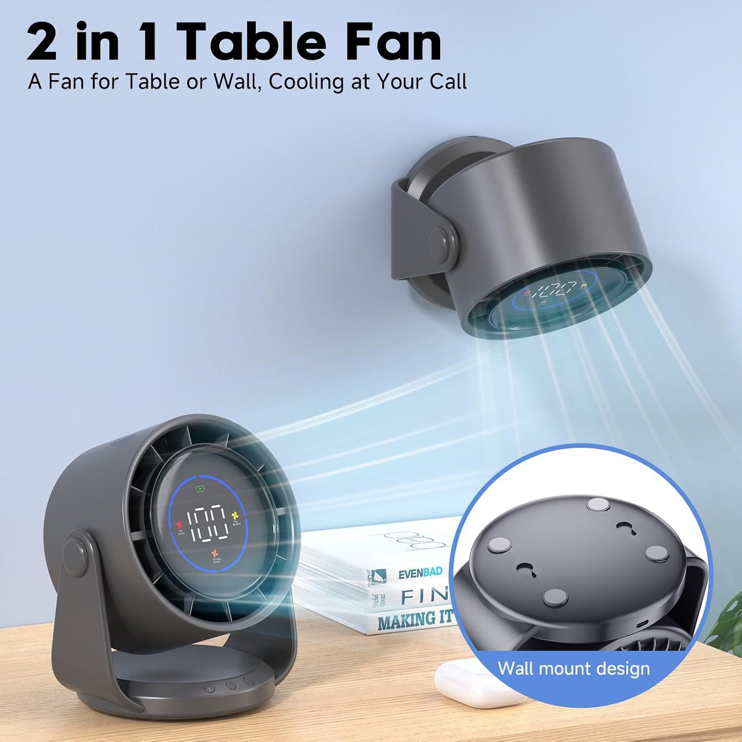 YOSHENMO Desk Fan, Turbo Table Fan for Bedroom, 100-Speed Digital Display, Low Noise, 105° Adjustable Tilt, 7.5-inch, Rechargeable Battery, Wall-Mouted Design for Home, Office, Travel Grey