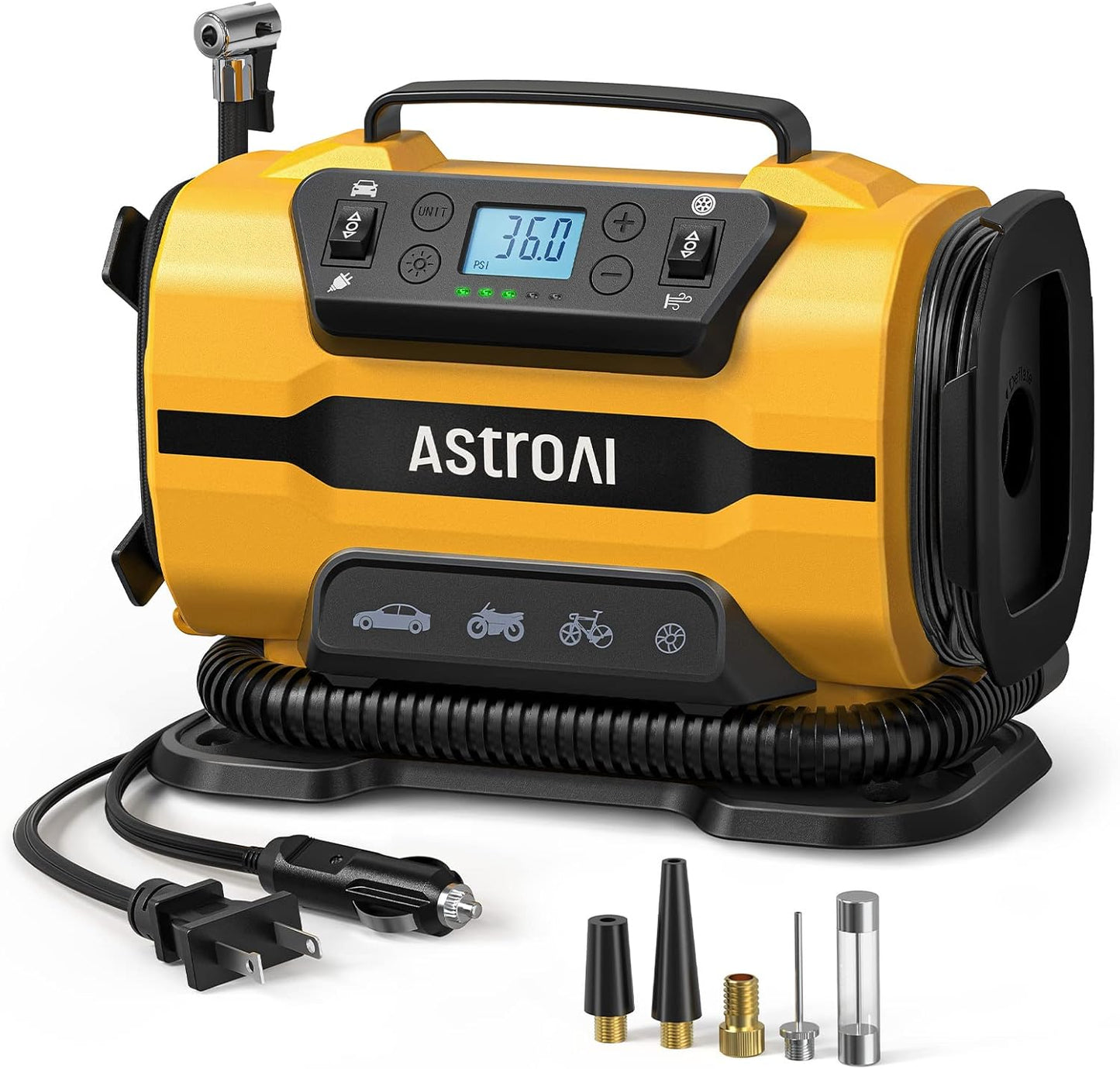 AstroAI Tire Inflator Portable Air Compressor, 12V DC/120V AC Dual Power | Fast-Inflating Air Pump with Dual Metal Motors, 150PSI Digital Gauge for Car, SUV, Bike Tires & Air Mattresses, Yellow
