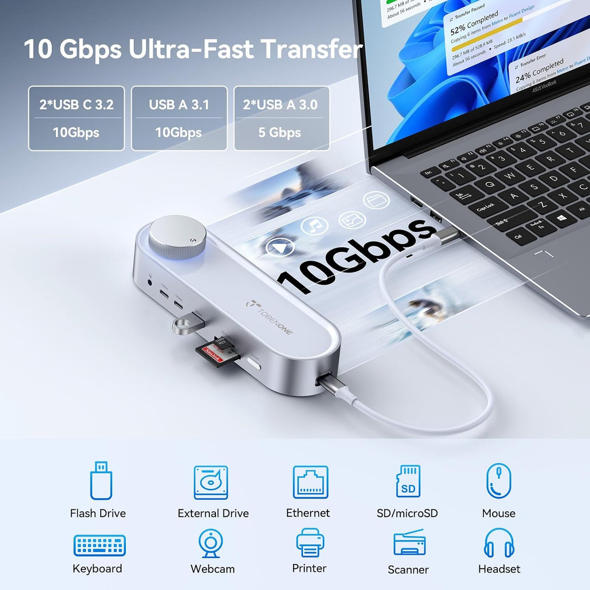 TobenONE USB C Laptop Docking Station Dual Monitor, 100W PD, 5×USB 10Gbps