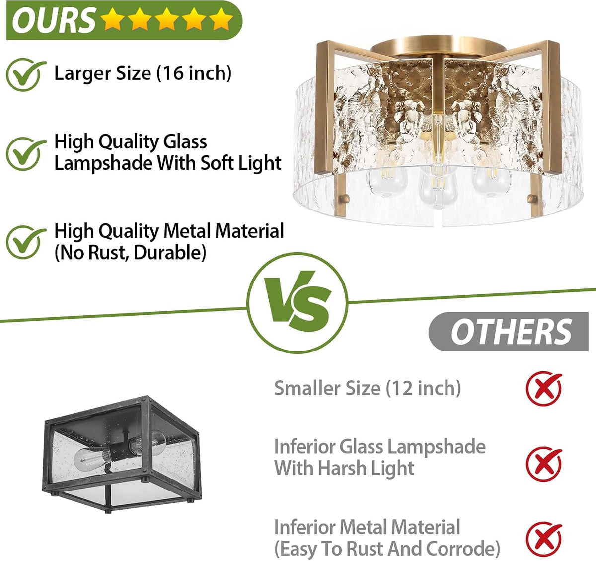 16'' Gold Semi Flush Mount Ceiling Light, 4-Light Glass Drum Light Fixtures