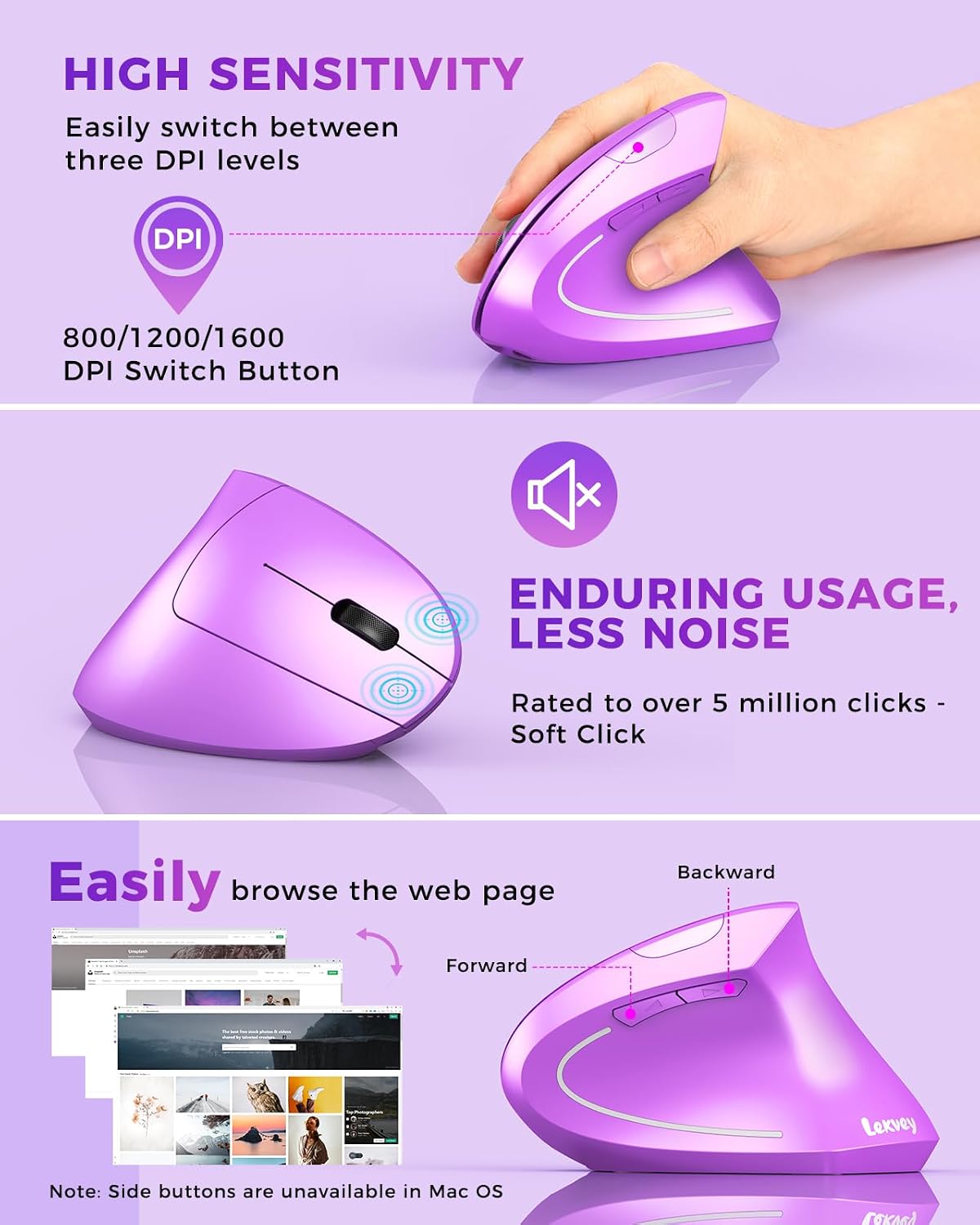 Lekvey Ergonomic Mouse, Rechargeable Vertical Wireless Mouse, Purple | USB-C Charging, 2.4G USB Wireless, Plug & Play, 3 DPI (800/1200/1600), Quiet Clicks, Carpal Tunnel Mouse, for Laptop, PC, Mac